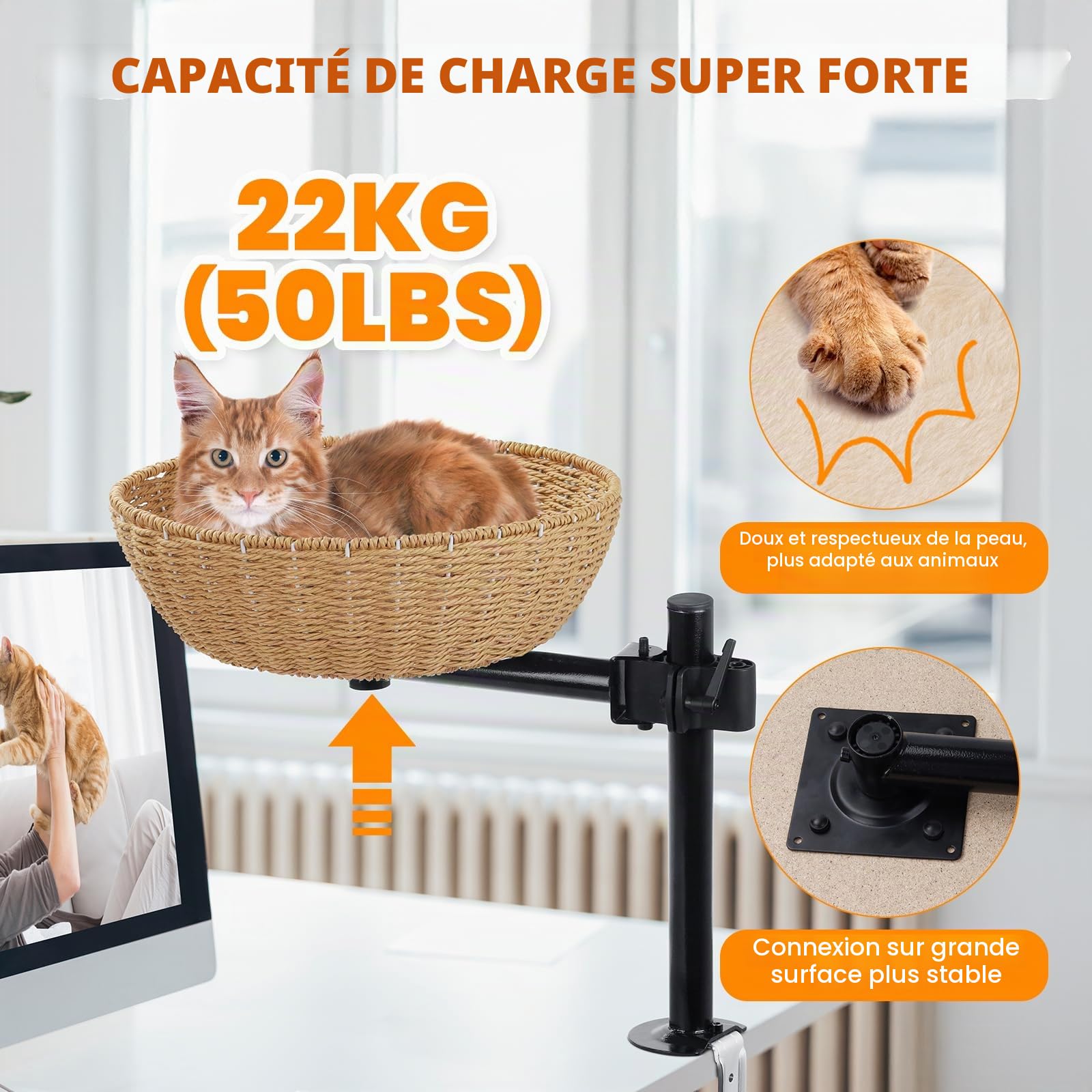 Lit pour chat bureau Rotation 360° Haute réglable Pas de perçage Maison surélevée Garde proche Espaces de travail propre.