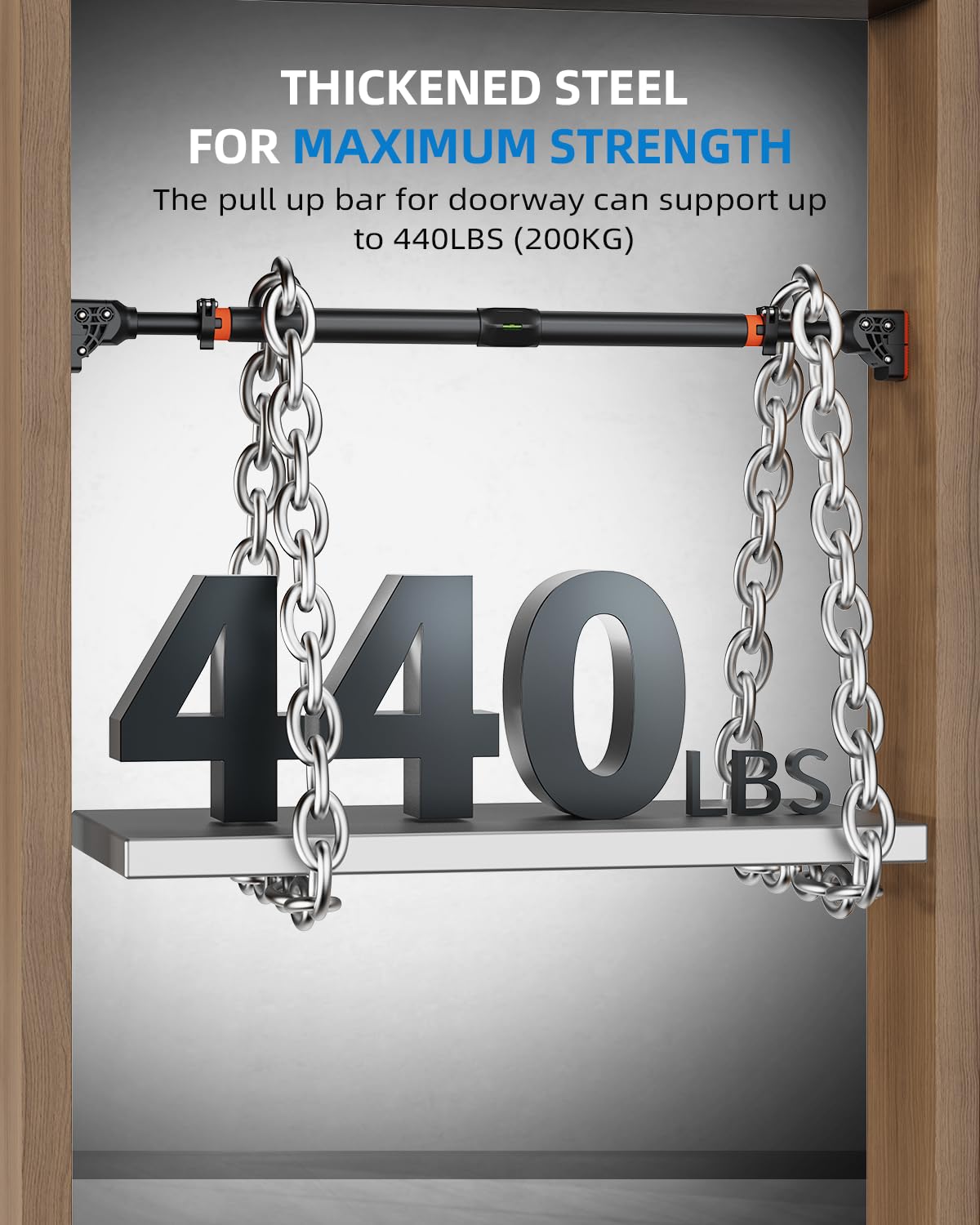 Barra de Dominadas, Ajustable 72cm - 95cm, hasta 200 kg, Antideslizante, Sujeción Segura, Barra Dominadas Pared, Pull Up Bar Ideal para Gimnasio en Casa Entrenamiento