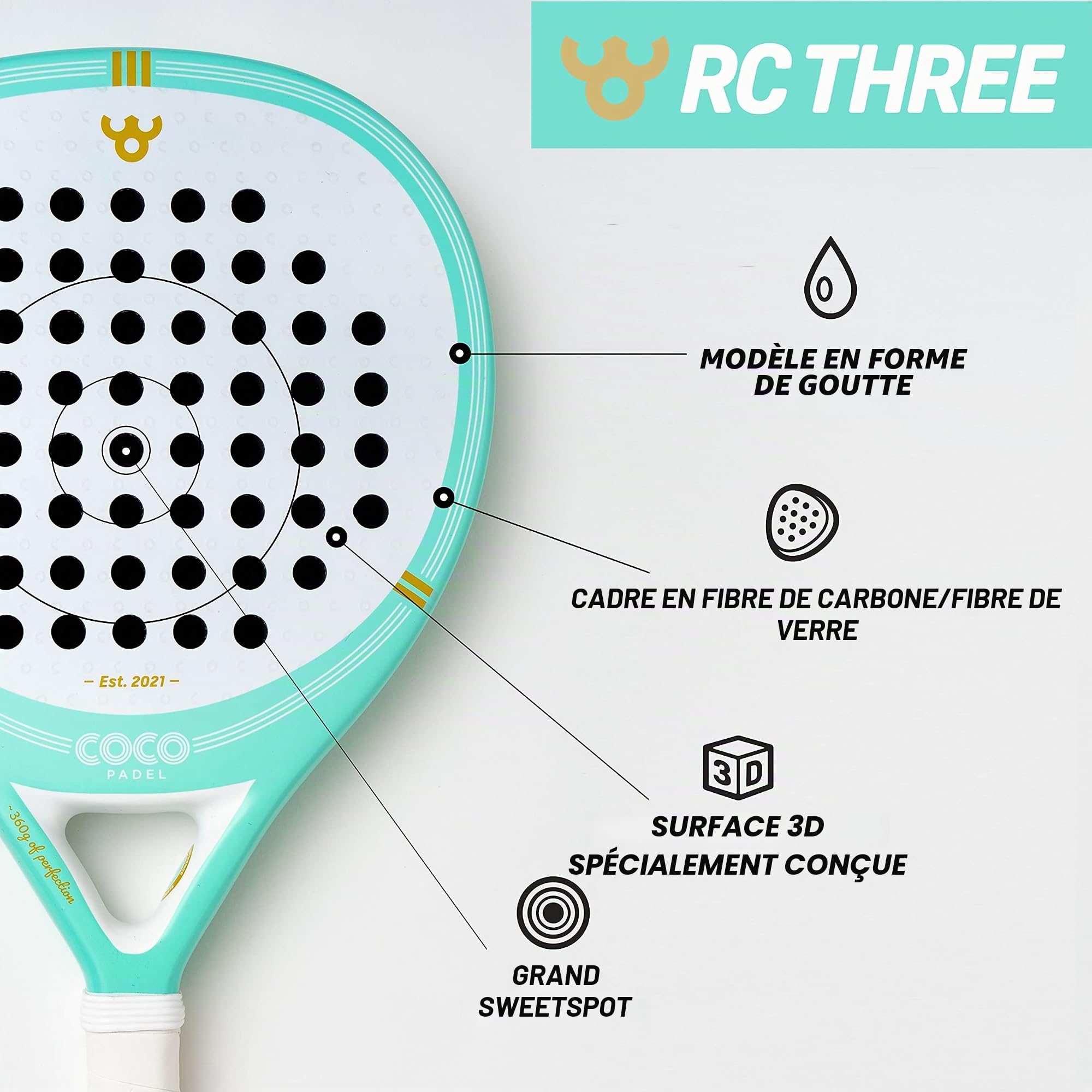 RC Three Raquette de Padel | Surface Carbone 3K | Noyau EVA Soft | Cadre Fibre de Verre & Carbone | Contrôle & Puissance | Niveau Confirmé | Goutte d'eau | Bleu & Or
