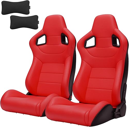 Miniatura 20 de 2 piezas de asientos universales de carreras con deslizadores de doble bloqueo, 1 par de asientos de cubo de cuero PVC con dos almohadas de Negro
