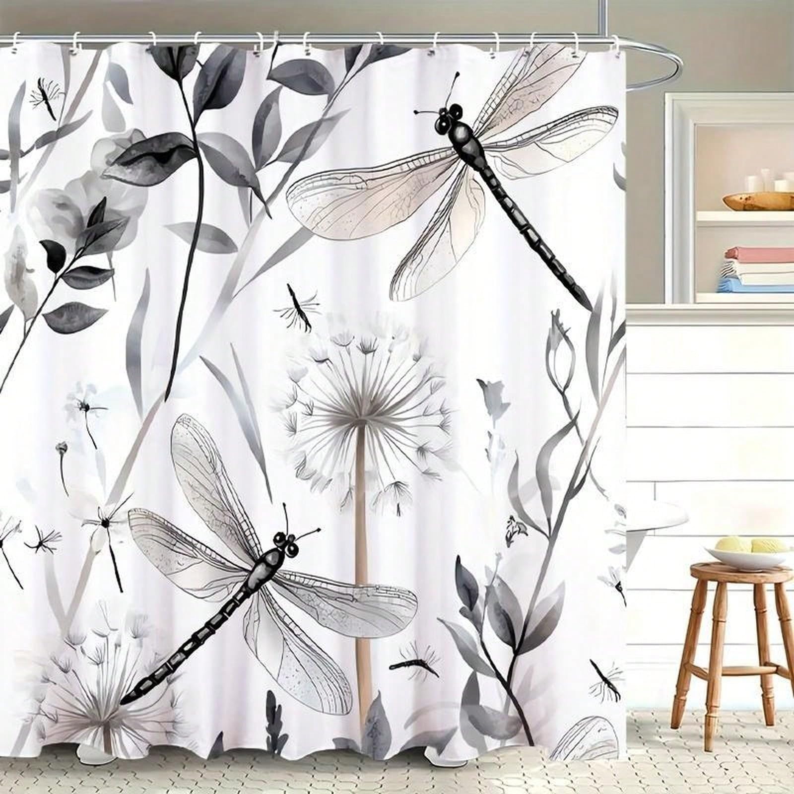 GLKSDLPO Modern Watercolor Dragonfly & Dandelion Shower Curtain - Gray/Black/White For Bathroom Decor(100x204cm/39x80in(WxH)