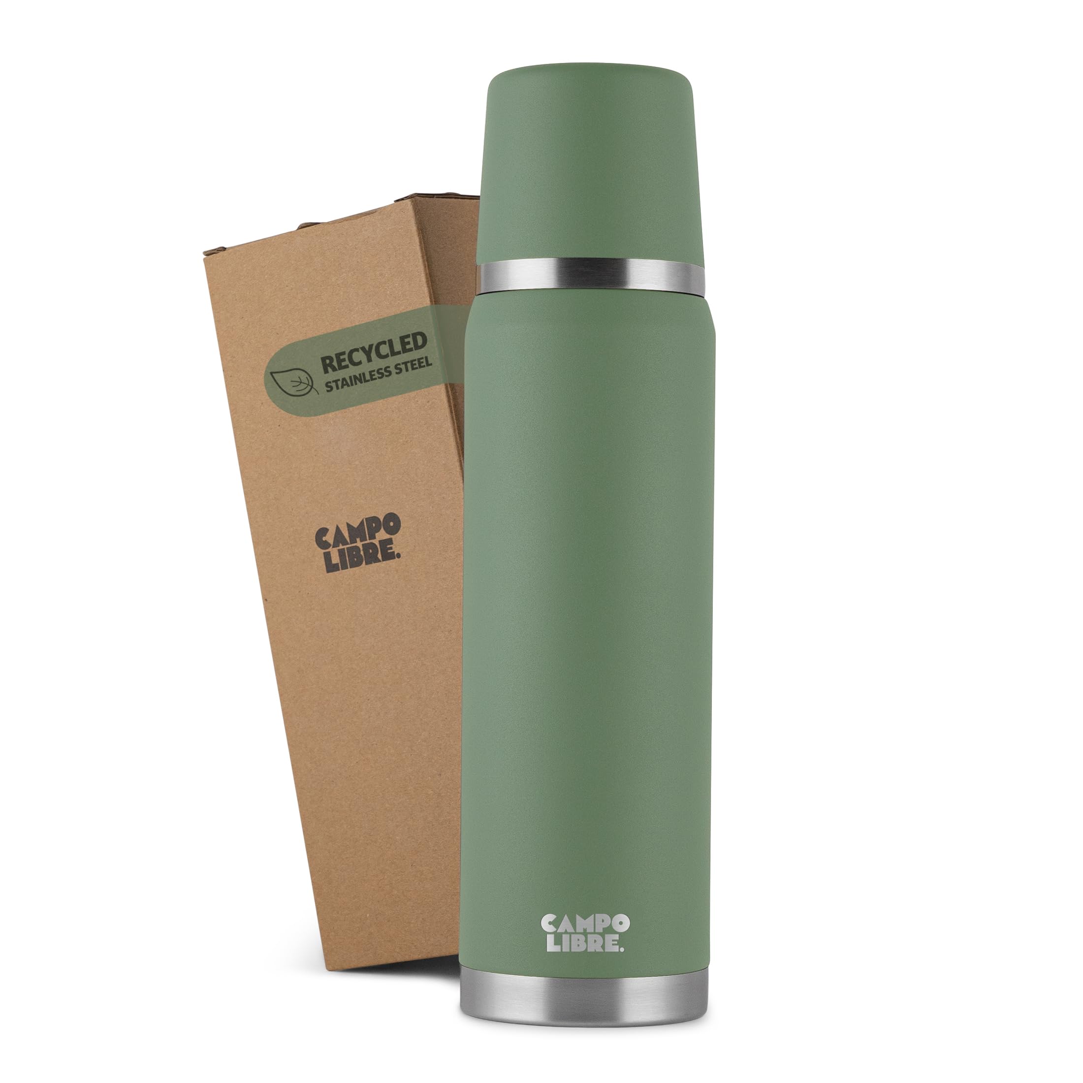 Campo Libre. ® Jaco Thermo Flask, Double Wall Insulated Bottles, Keeps Drinks Hot > 24h, BPA Free, 100% Leakproof, Eco RecycledStainless Steel Flask for Hot Drinks in 1l
