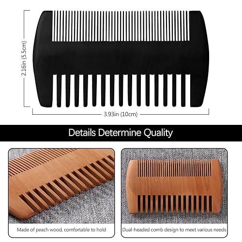 Miniatura 2 de Kit de peine de madera para barba, dientes finos y gruesos de doble acción, color madera y peine de bolsillo negro para barbas, bigotes y cuidado