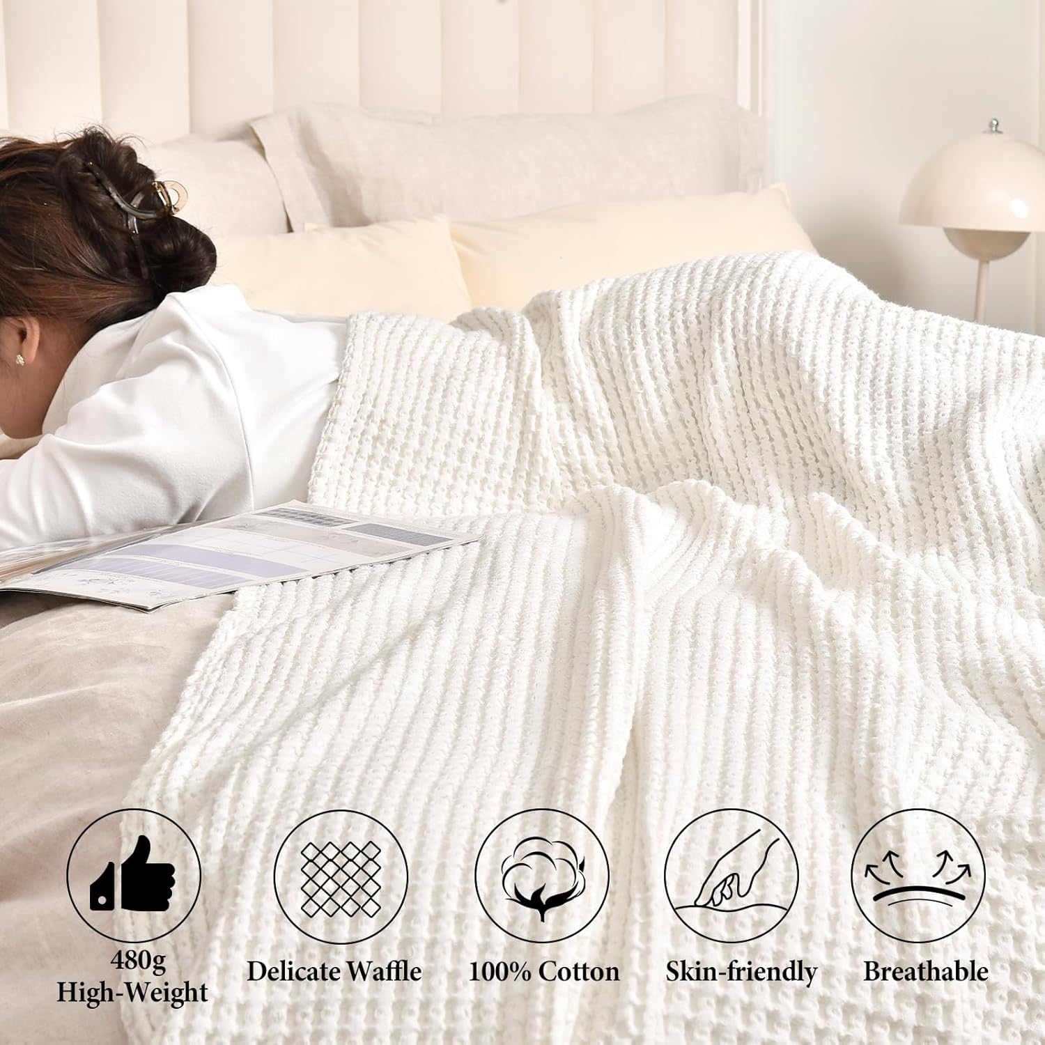 PHF 400GSM 100% Washed Cotton Waffle Weave Blanket, Cozy Breathable Skin-Friendly Throw Queen Size for All Season, Luxury Fall Layer for Couch Bed Sofa,Elegant Home Decor, Coconut White,90"x90" - Image 2
