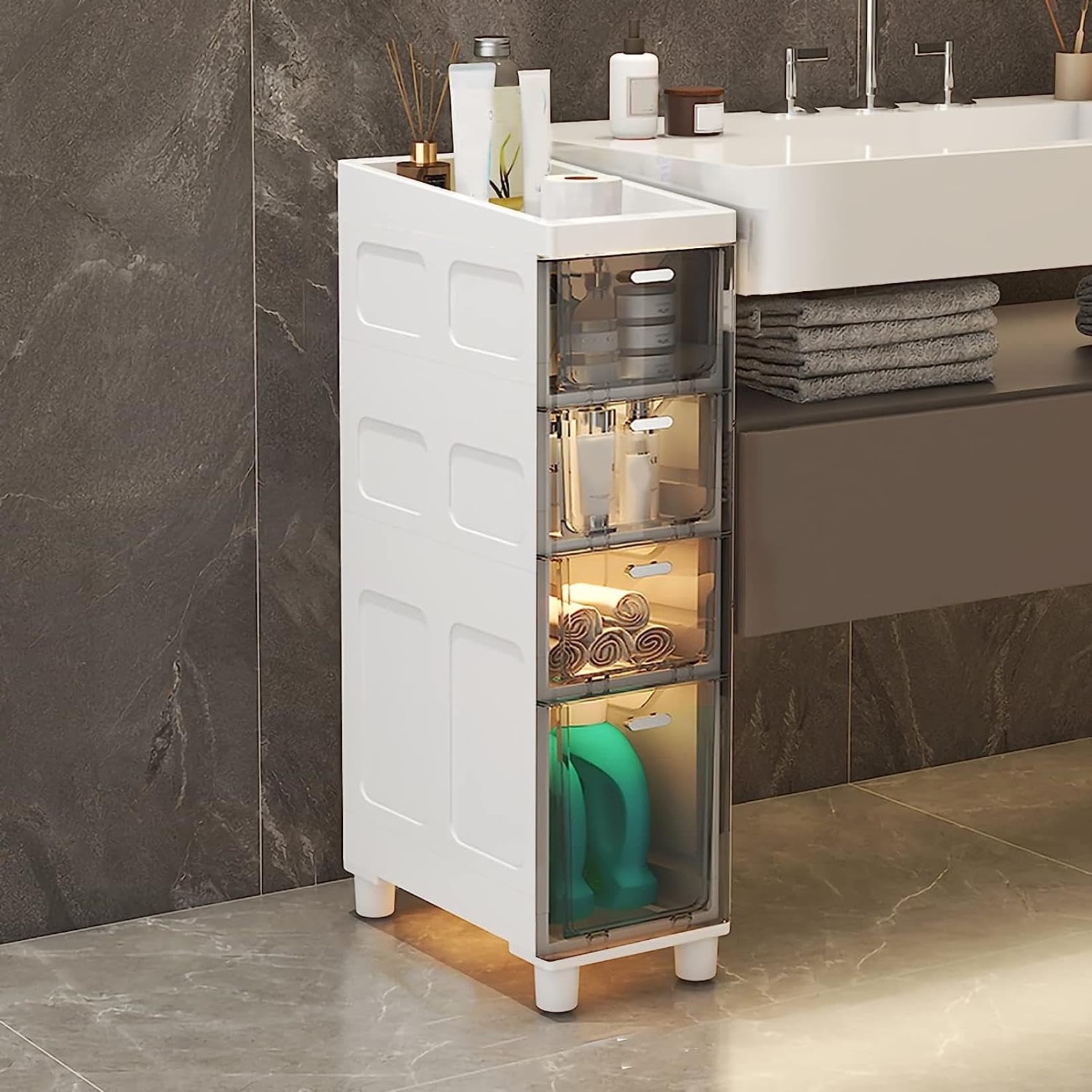 Cajones de almacenamiento apilables Gabinete de baño Delgado de almacenamiento, Gabinete de almacenamiento de Papel higiénico Delgado de Gran capacidad con cajones de plá