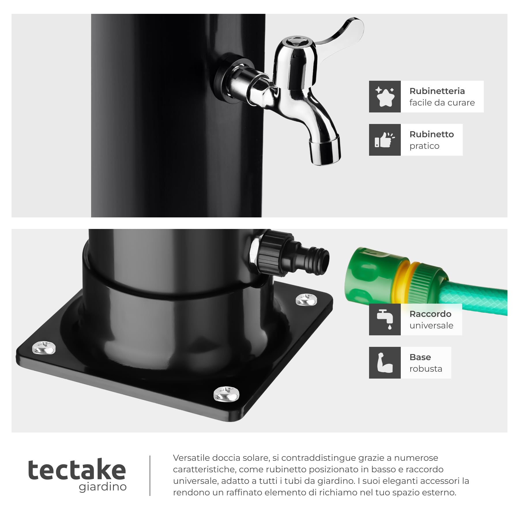 tectake® Doccia Solare da Giardino 40 Litri, Soffione Doccia Orientabile 360°, Accessori Giardino Esterno Campeggio Piscina, con Cover Protettiva, Portasapone, Rubinetto, Attacco Acqua - Nero