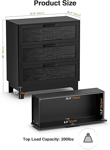 Miniatura 2 de Anmytek Cómoda de ratán negro de 35 pulgadas de alto, cómoda de granja de 3 cajones con ratán natural espaciosa cómoda para sala de estar,