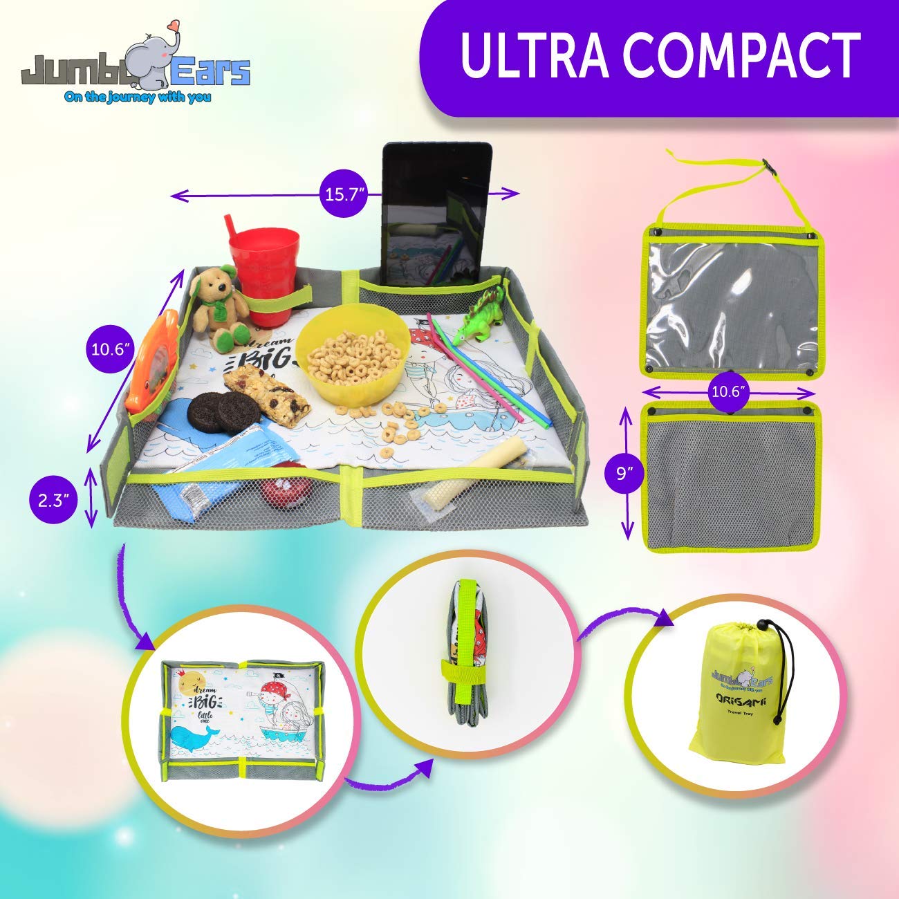 Gray Foldable Origami Kids Travel Tray Placemat Cover, Easy to Setup with Bonus Portable Multipurpose Side Pockets Organizer for Tablets and Phones Activities or Snacks for Toddler