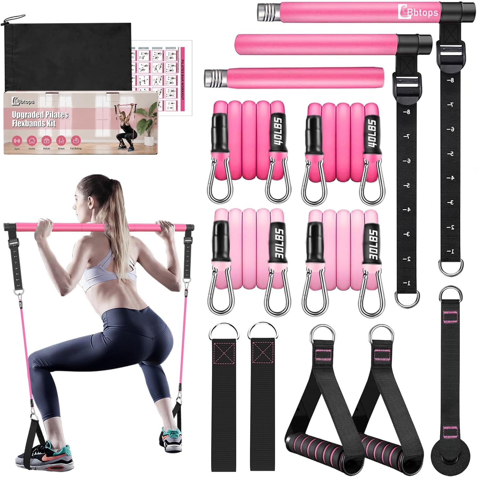 Pilates Bar Kit with Resistance Bands,Pilates Bar with Stackable Bands Workout Equipment for Legs,Hip,Waist and Arm,Exercise Fitness Equipment for Women & Men Home Gym Yoga Pilates