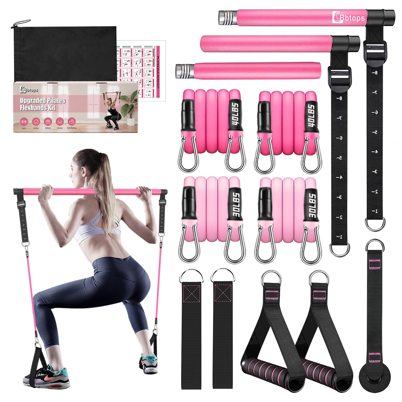 Bbtops Pilates Bar Kit with Resistance Bands,Pilates Bar with Stackable Bands Workout Equipment for Legs,Hip,Waist and Arm,Exercise Fitness Equipment for Women & Men Home Gym Yoga Pilates