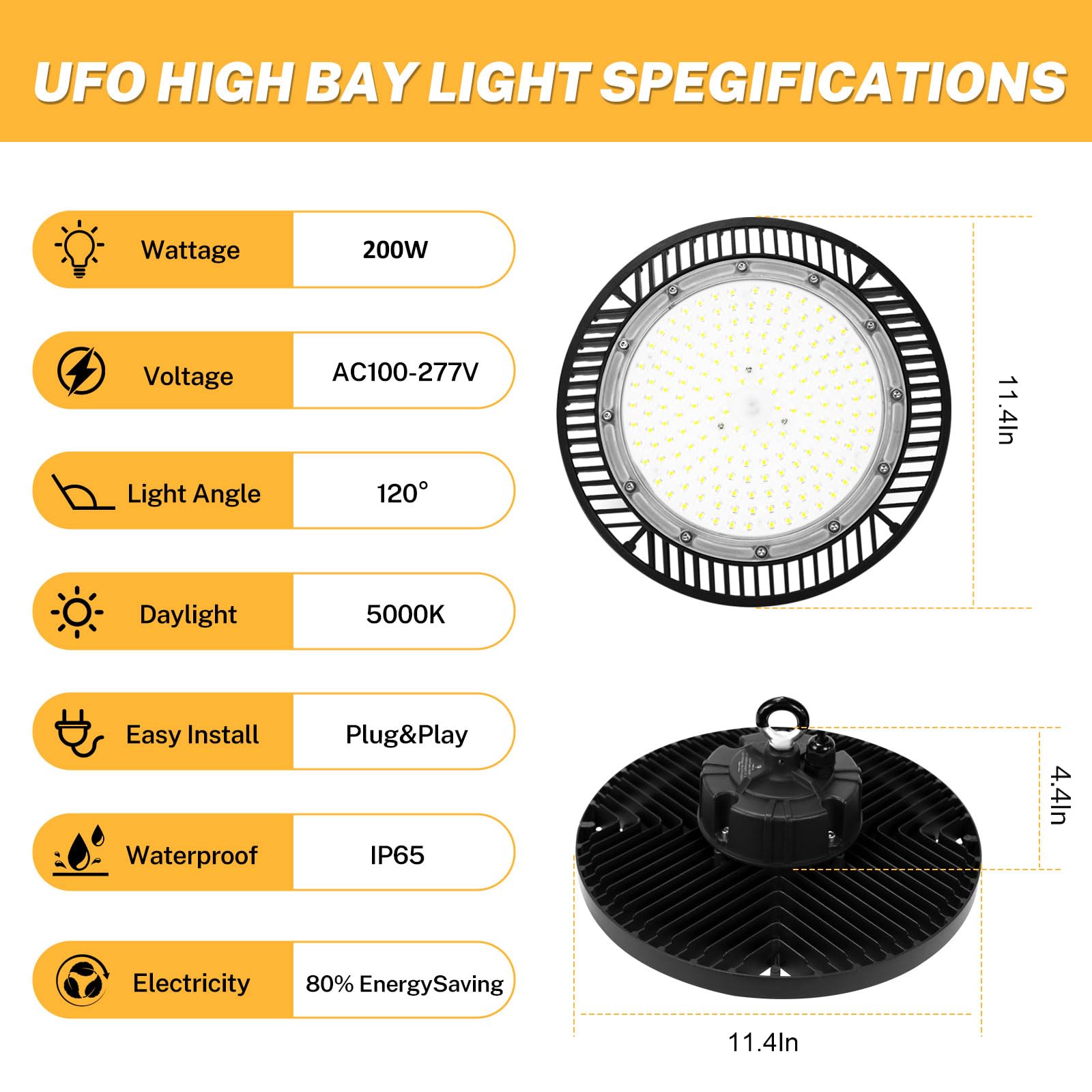 Super Bright 200W UFO LED High Bay Lights 30000Lm 5000K Daylight AC100-277V Play Plug 5ft Cable High Bay — view 3