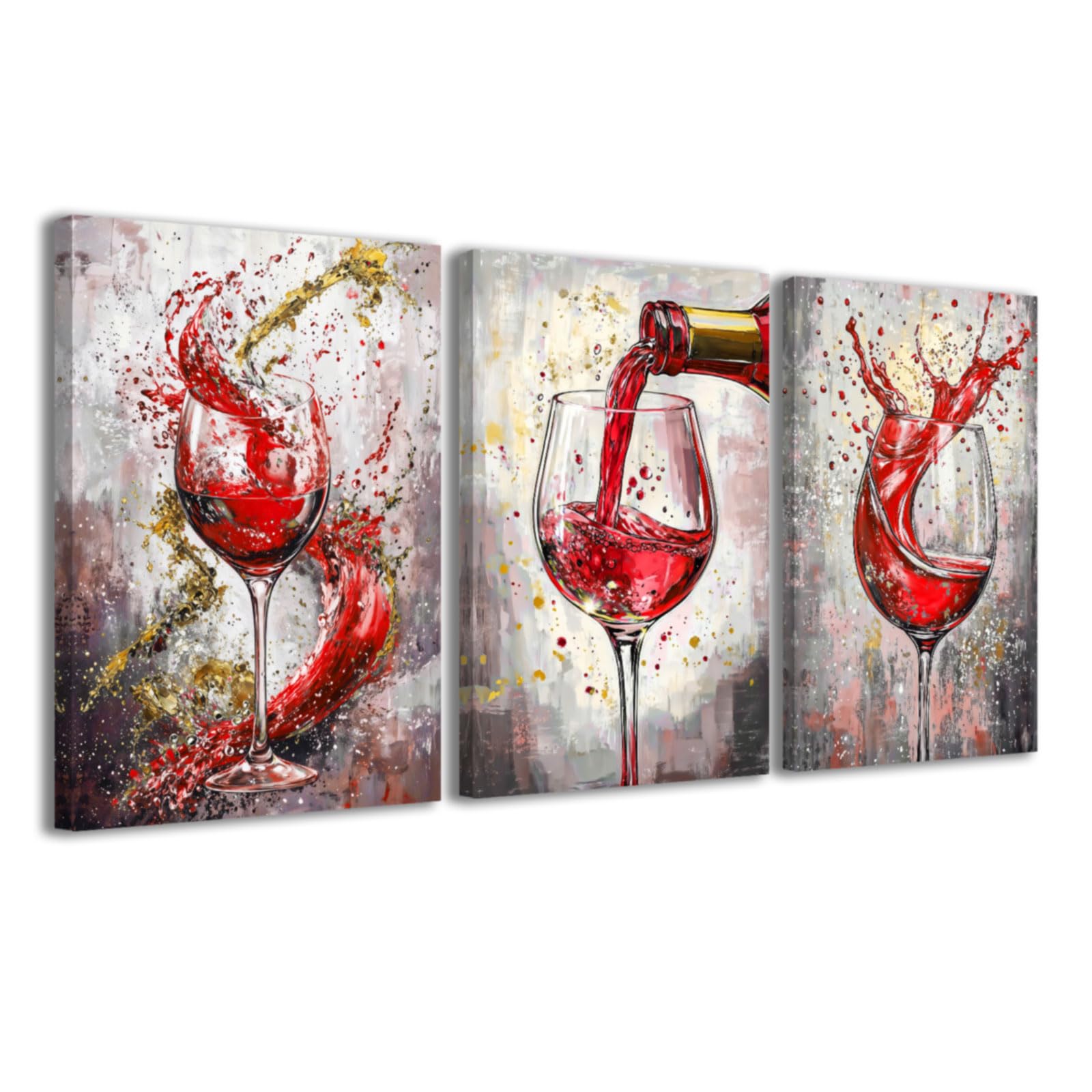 CCWACPP Red Kitchen Pictures 3 Piece Kitchen Wall Art Wine Canvas Prints Dining Room Pub Bar Home Restaurant Decor Framed (50x70cmx3)