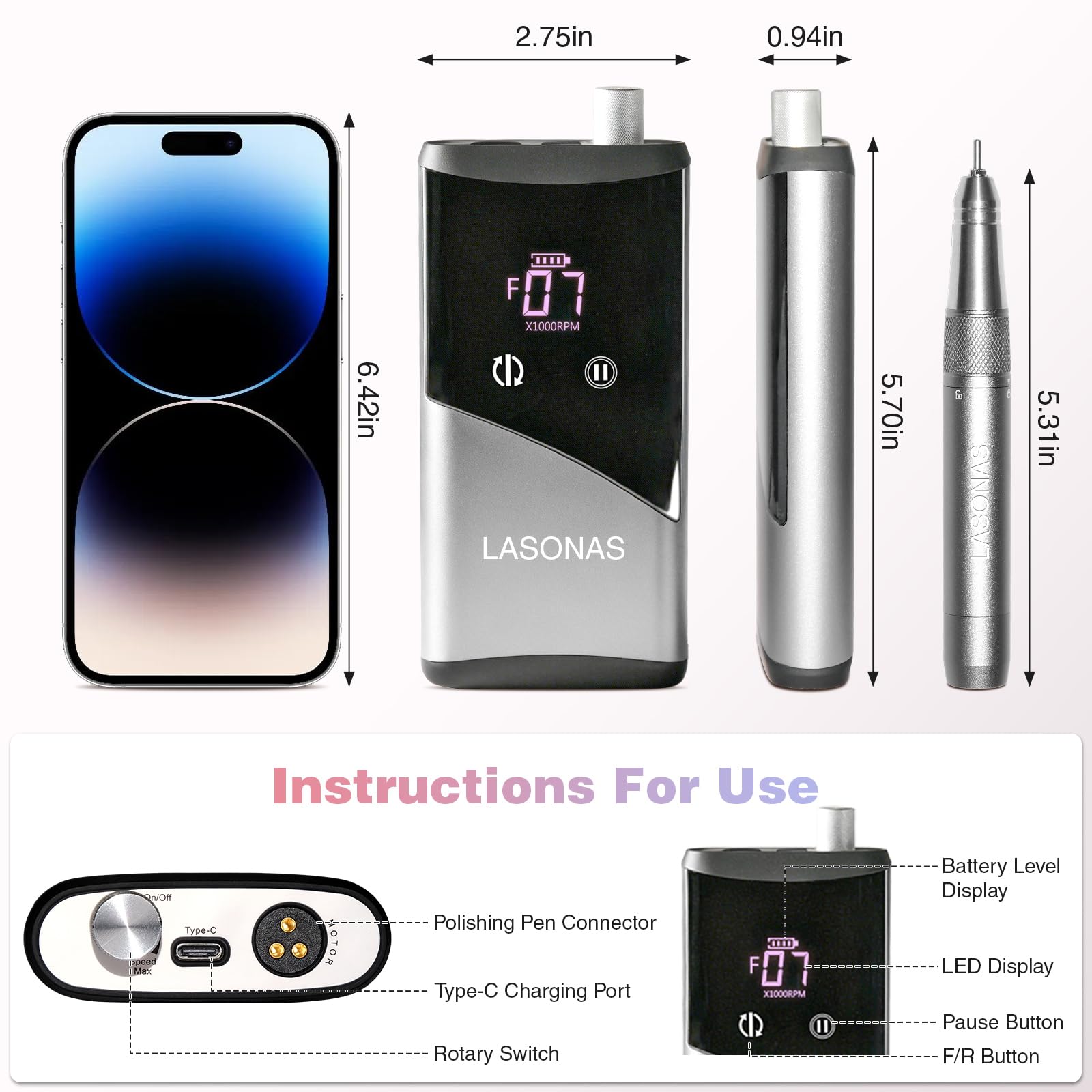 Perceuse à ongles électrique professionnelle, 40 000 tr/min, lime à ongles rechargeable sans fil avec moteur silencieux sans balais, perceuse à ongles électronique portable et embouts pour enlever le
