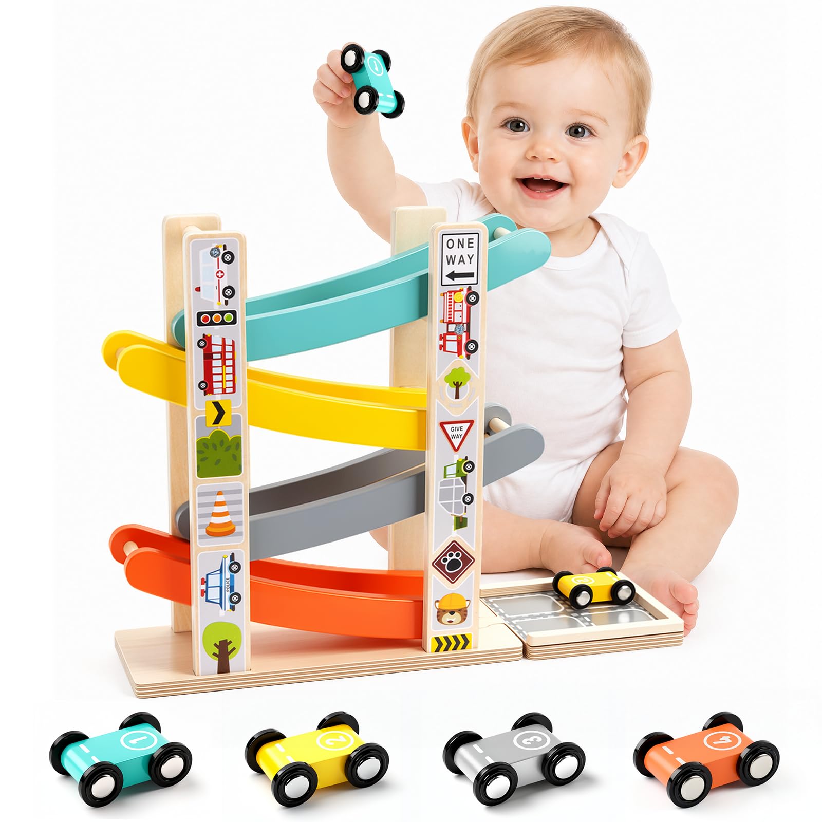 GYMSTR Baby Wooden Toys for 1 Year Old, Baby Boy Montessori Toy for 1 2 Year Old Birthday Gifts,Car Ramp Racing Track Includes Toy Garage,Educational Boys Toys with 4 Mini Cars