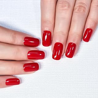 Glossy Press On Nails Classical Red False Nails Medium Length Squoval Women Girls Nail Art Tips Salon DIY Manicure Reusable Acrylic Fake Fingernails Nails for Daily Office Home