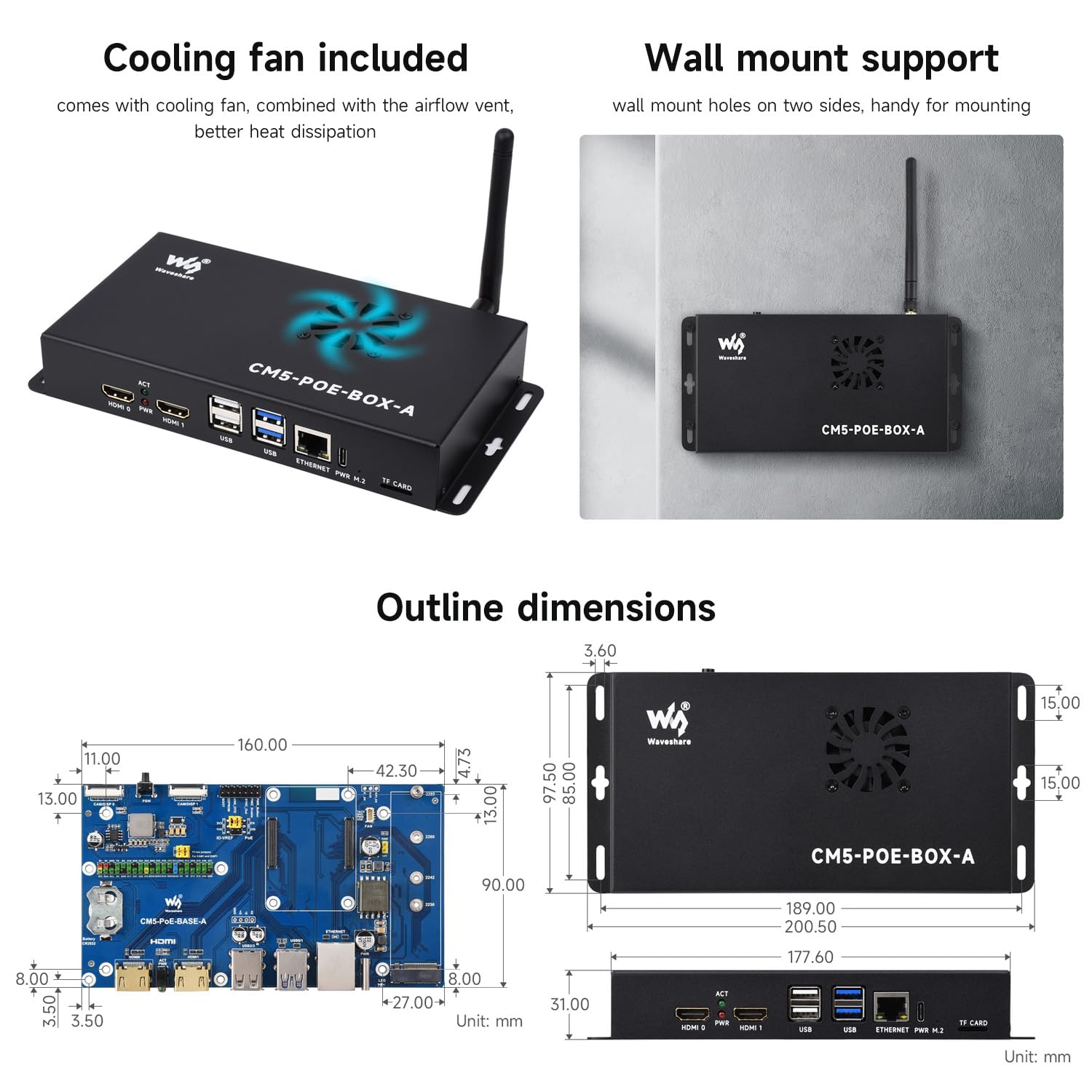 Waveshare Compute Module 5 IO Board, Compatible with All Variants of Raspberry Pi CM5, with PoE Feature, Bundle with PoE Base Board + Case + Power Supply Adapter