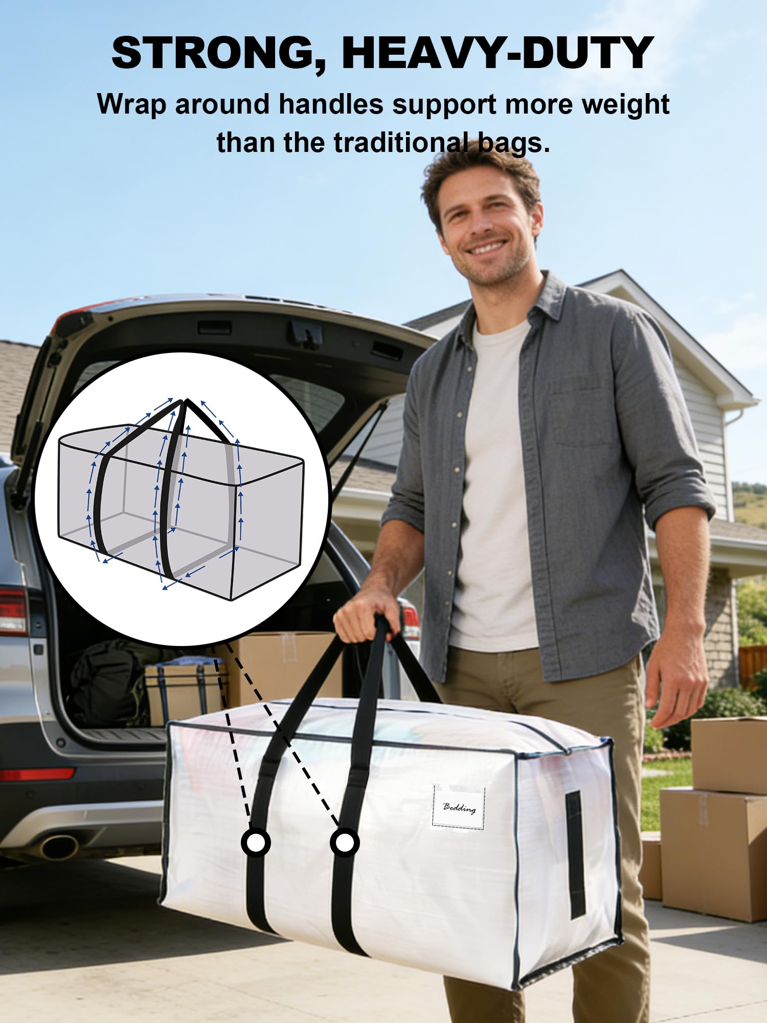 HOMESURE 8 Pack Large Strong Moving Bags with Zippers & Carrying Handles - Water-Resistant - Heavy Duty Storage Tote for Space Saving, Fold Flat, Alternative to Moving Box (Semi-Transparent) - 3