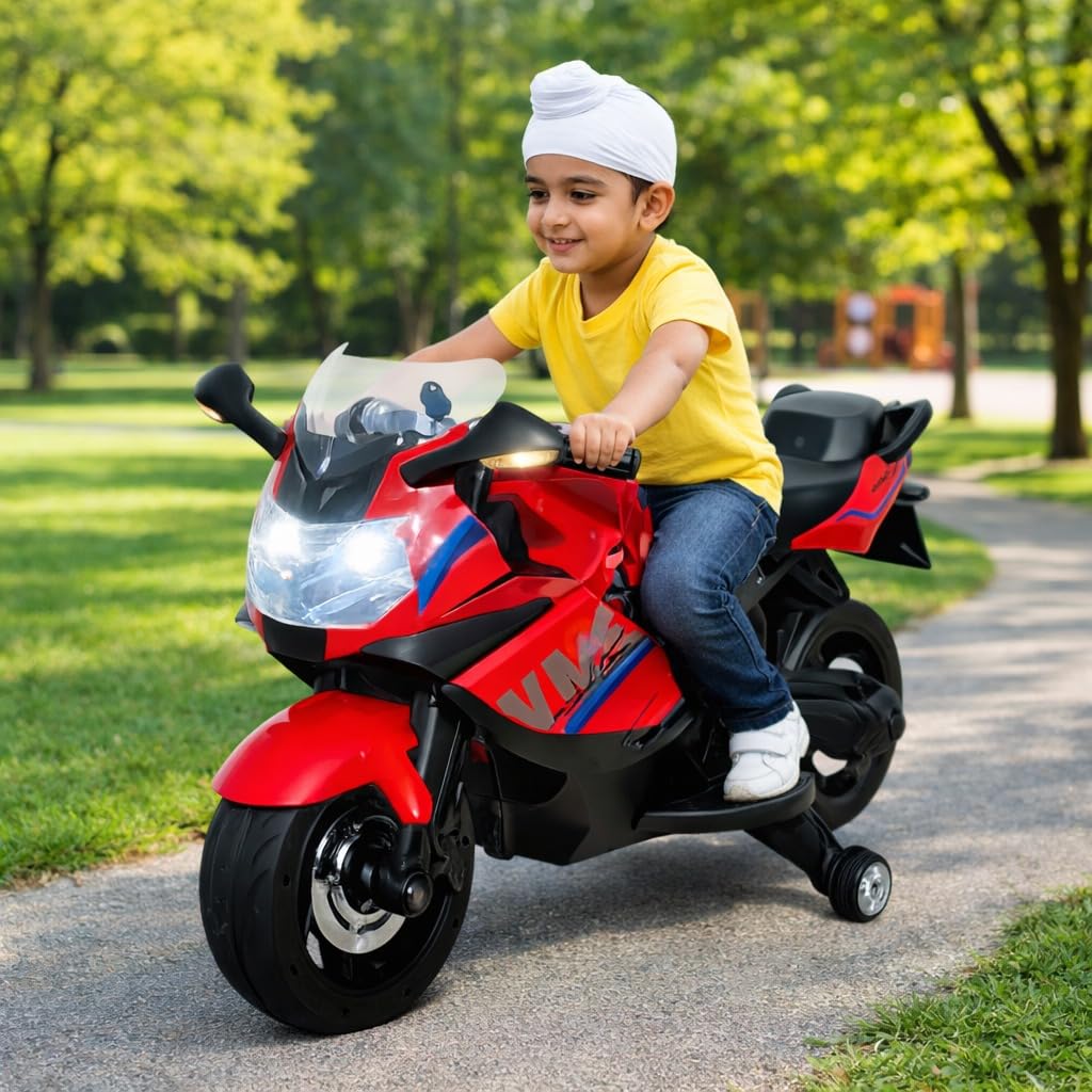 BMW Style Battery Operated Ride-On Bike for Kids (1–7 Years) | Rechargeable Electric Motorcycle with Music, LED Lights, USB, Training Wheels & Foot Accelerator – Red