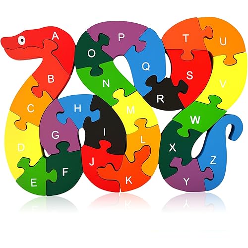 LovesTown Wooden Puzzles for Kids, Double Sided Snake Jigsaw with Alphabet & Numbers, Montessori Educational Toy for Toddlers, Chunky Animal Gift