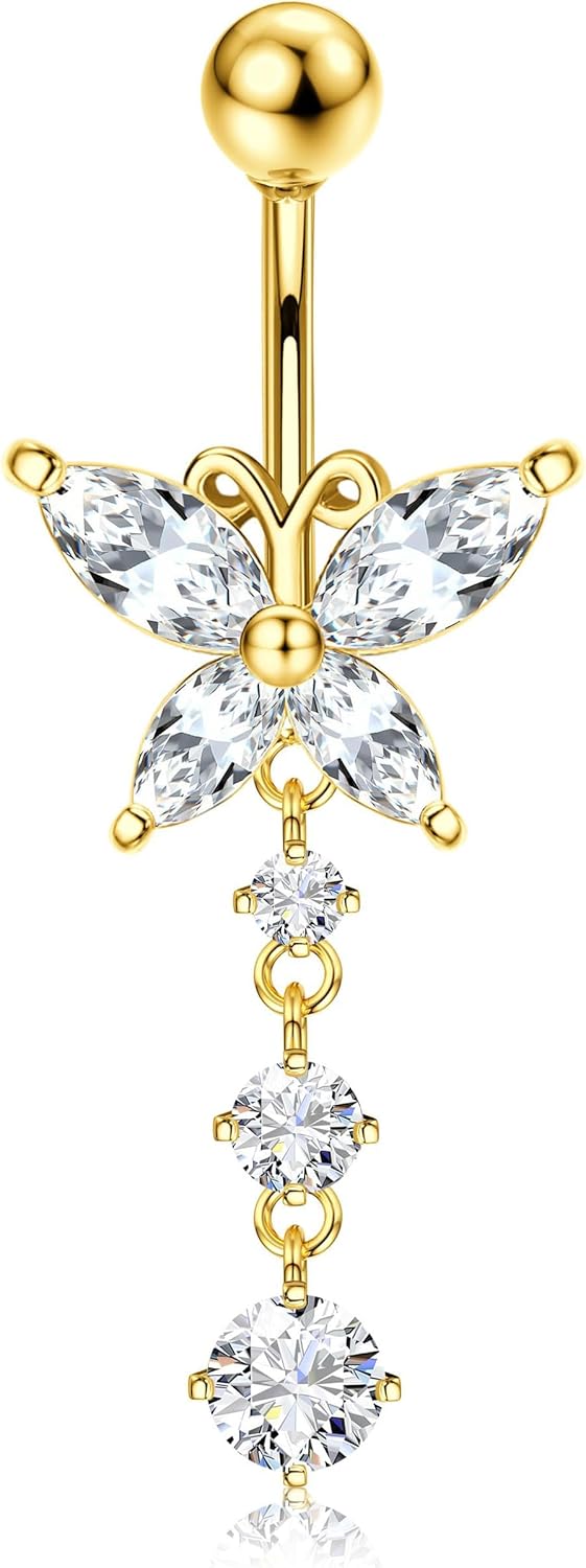 Jstyle G23 Titanium Dangle Belly Button Rings for Women 14G Internally Threaded Belly Ring Dangling Piercing Jewelry with Butterfly CZ Hypoallergenic Navel Piercing Ring 14K Gold Plated