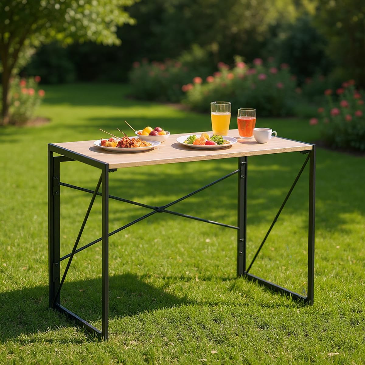 FurnitureR Garden Dining Tables, Indoor/Outdoor Table, MDF and Metal Frame, No Assembly Required, Portable Camping for Picnic BBQ Barbecue, Garden, 100x50x75cm, Oak