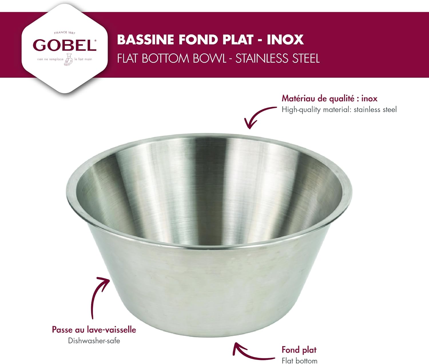 Gobel - Stainless steel flat bottom pastry bowl 28 cm - Professional mixing bowl - Large capacity for cooking and baking - Resistant and durable - Dishwasher safe