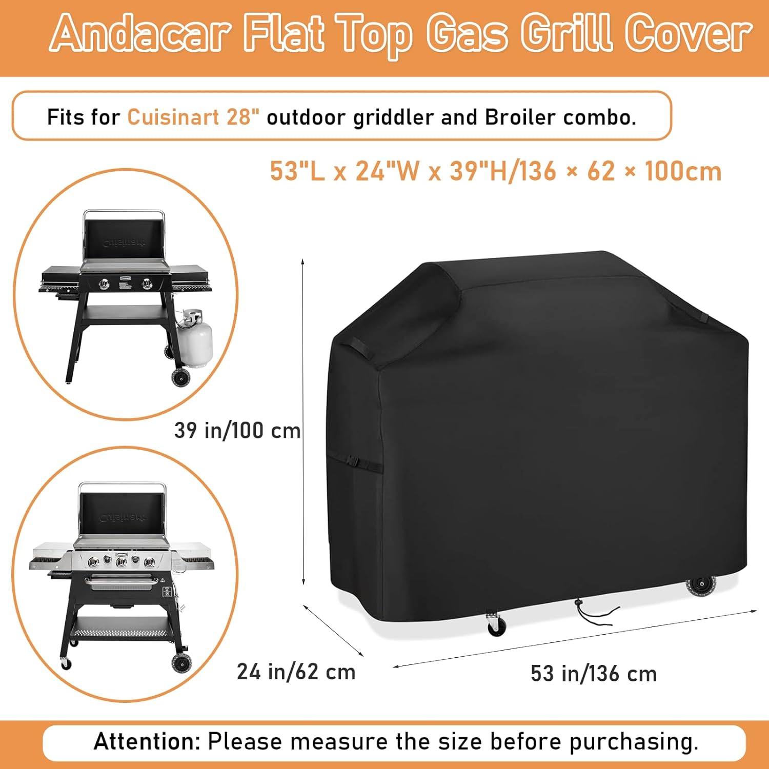 Grill Cover for Cuisinart 28" Outdoor Flat-Top Barbecue Covers, Waterproof 2-in-1 Carbon Steel Griddle Gas Grill Cover - 53" L×24" W×39" H