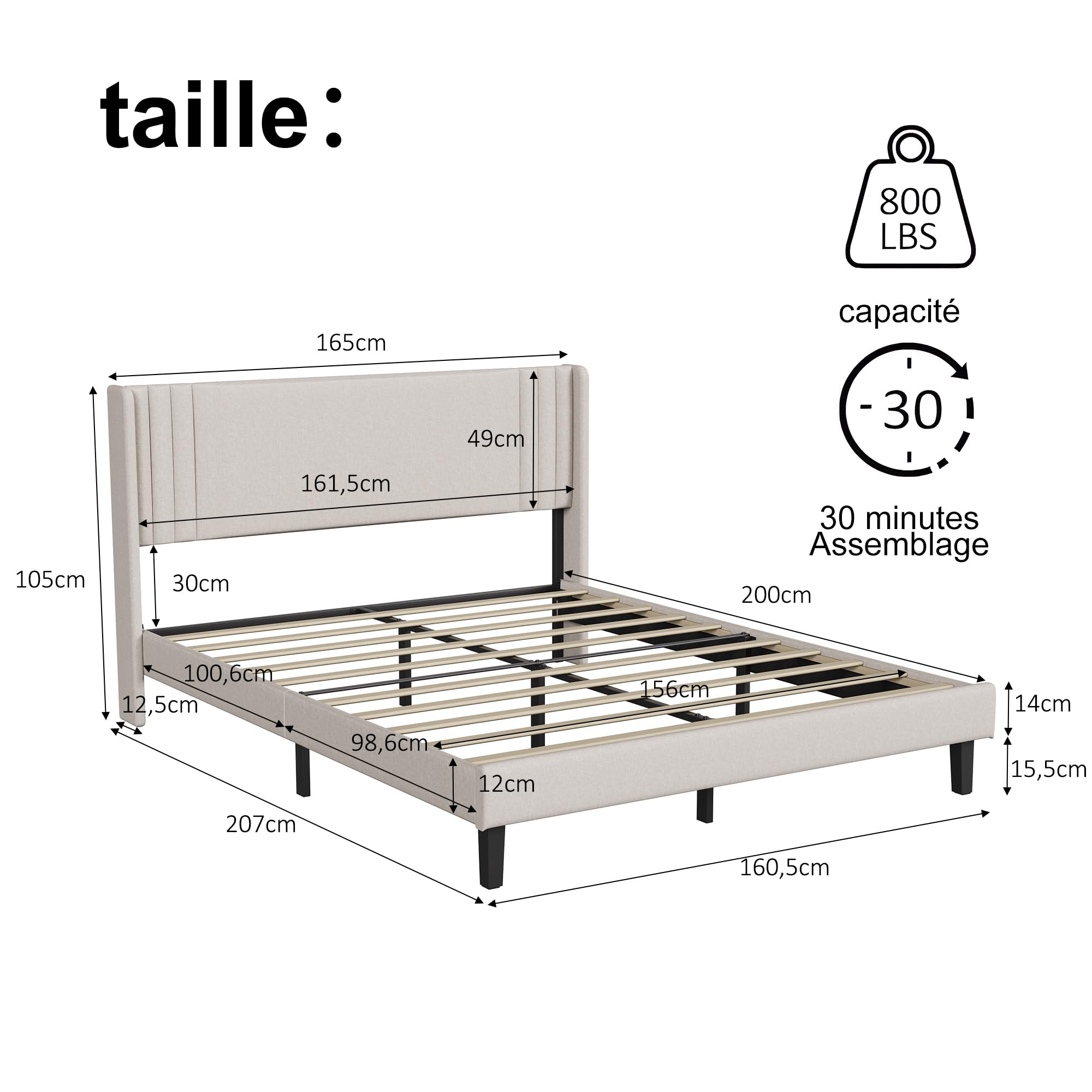 Letto imbottito 160 x 200 cm, letto matrimoniale con testiera imbottita, letto moderno 160 x 200 cm, telaio del letto con rete a doghe in legno e metallo, per camera da letto, camera degli