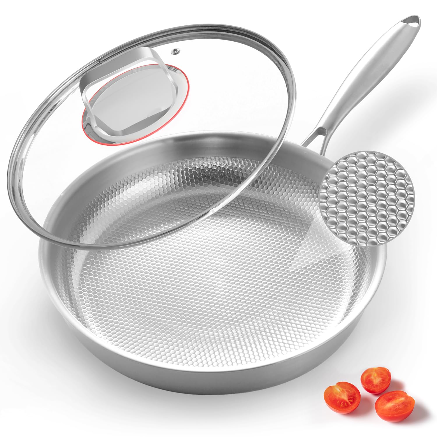 Stainless Steel Frying Pan with Lid, 11inch 5-Ply Stainless Steel Pan,PTFE & PFOA Free, All Stovetop Compatible,Dishwasher and Oven Safe