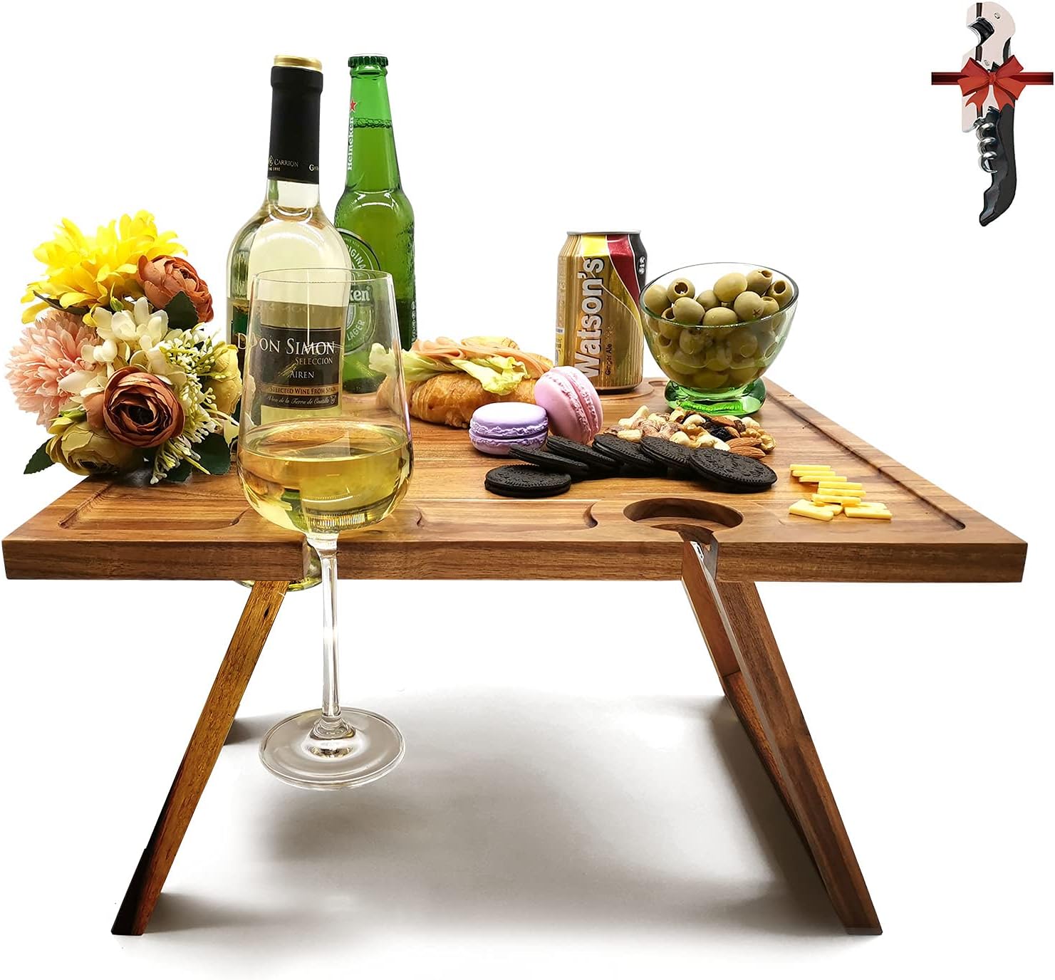 Portable Fun Picnic Table Foldable, Outdoor Wine Tray for Champagne, Glasses, Cheese, Snack for Romantic Dinners Outside, Beach, Camping, Concerts at Park, Perfect Wine Lover Gift, with Wine Opener : Everything Else