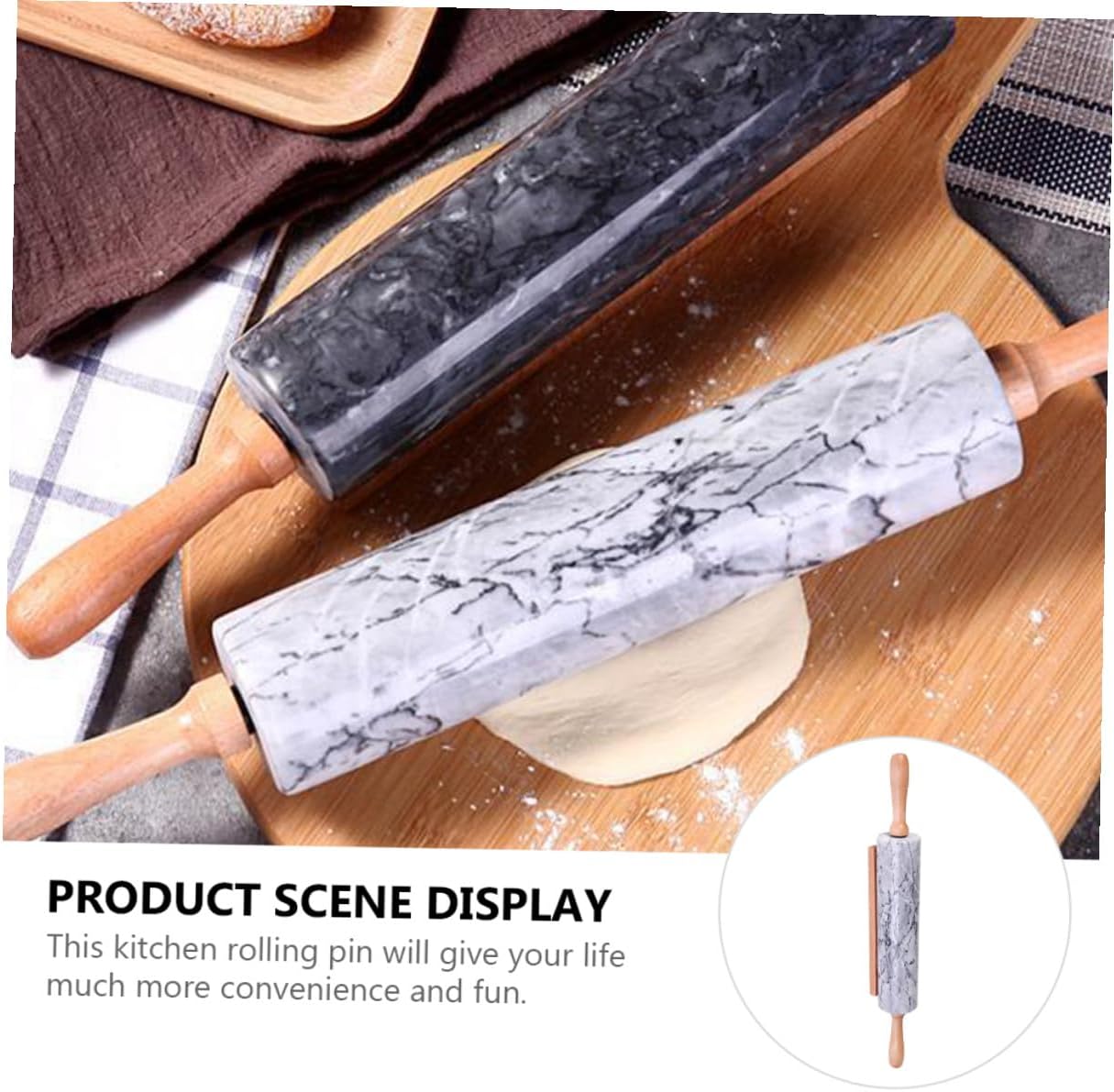 Zerodeko Chic Marble Rolling Pin with Wooden Handles Non-stick Dough Roller Baking Stick for Kitchen Pastry and Cookie Preparation