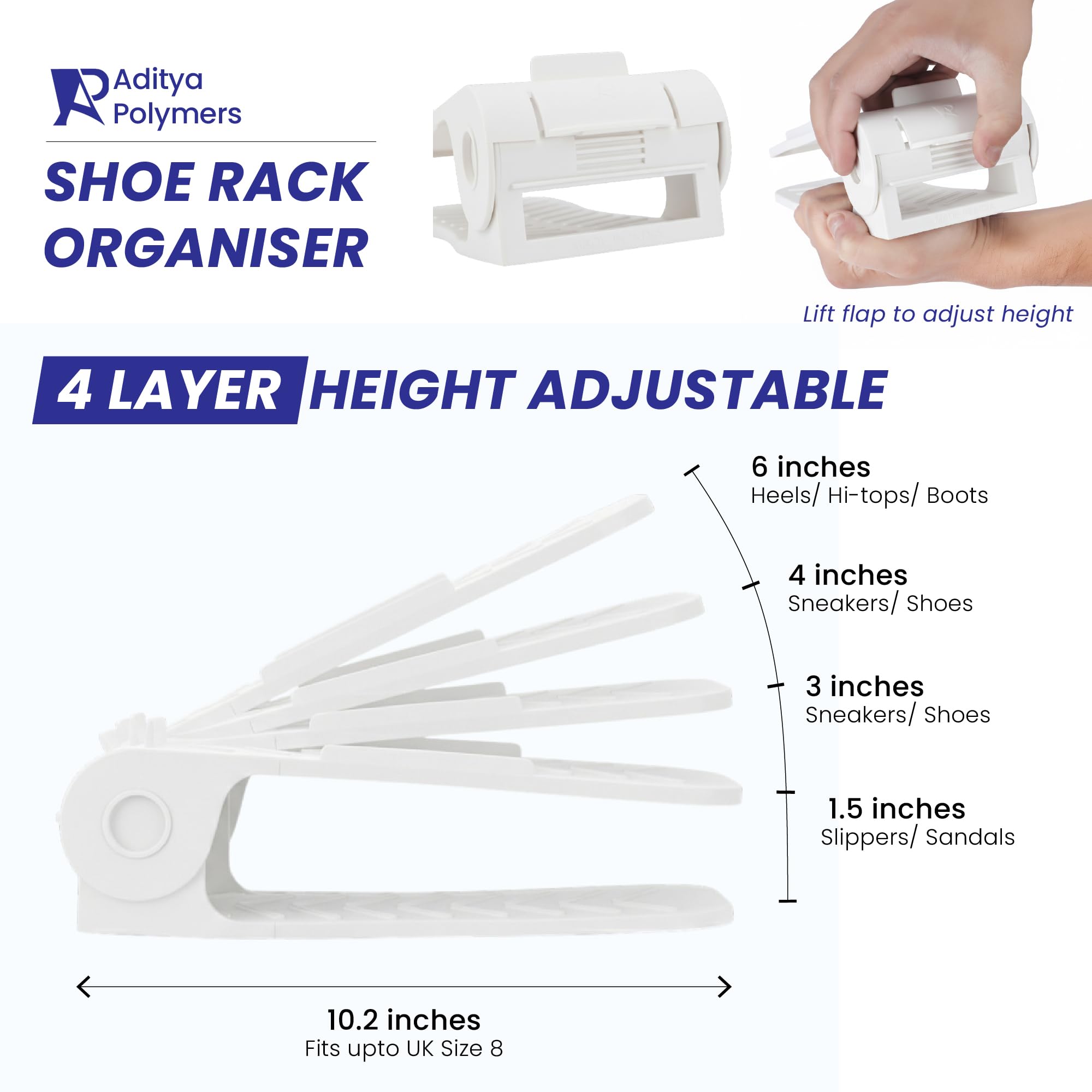Aditya polymers Adjustable Plastic Shoe Organizer Slot – Pack of 12 (6 Black + 6 White) | Double Deck Space Saver | Footwear Storage Holder for Wardrobe, Closet, Cupboard & Rack 4