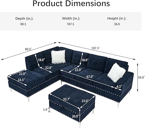 Miniatura 9 de DEINPPA Juegos de muebles de sala de estar, sofá modular reversible en forma de L, otomano de almacenamiento y portavasos, sofá tapizado de felpilla