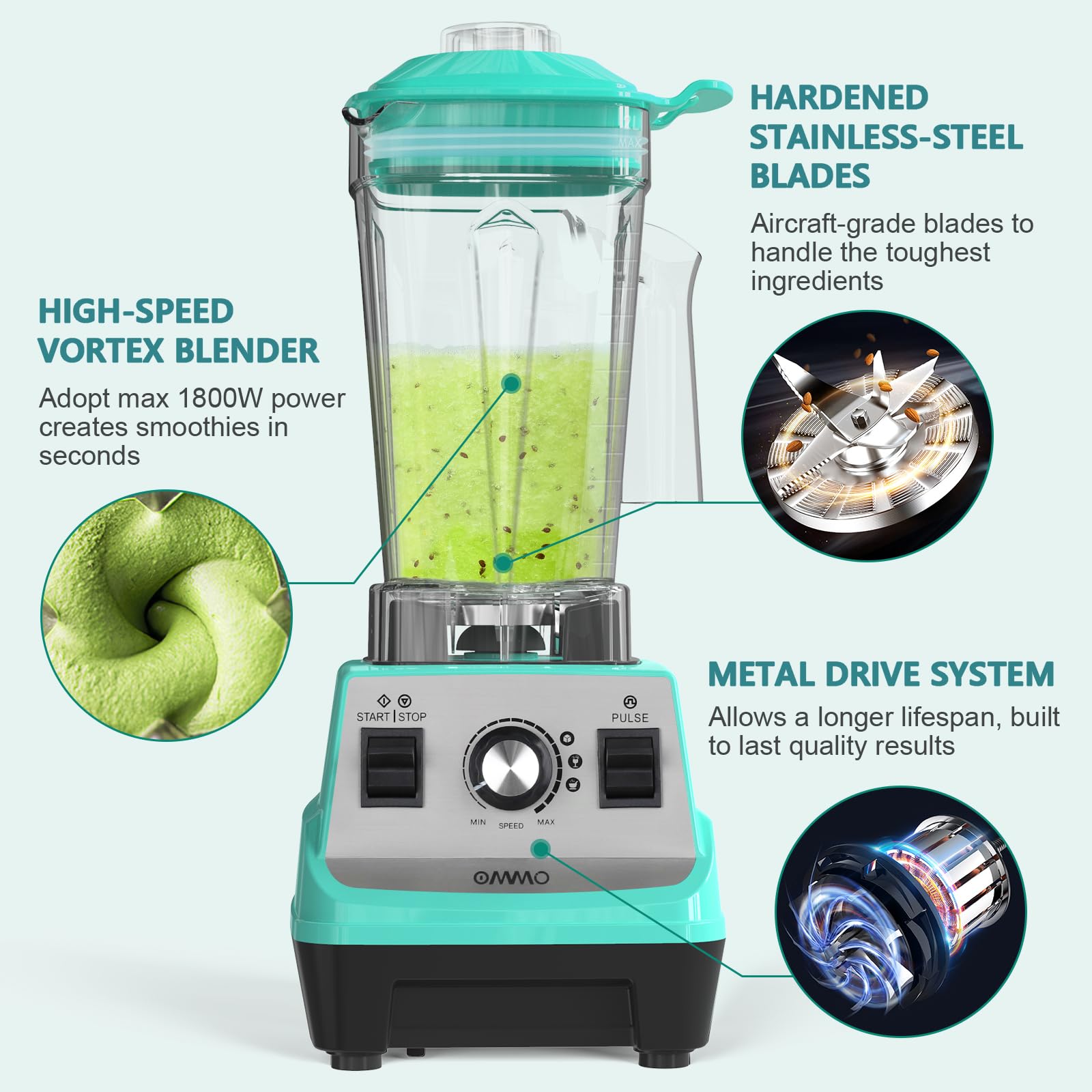 OMMO Blender 1800W, Professional High Speed Countertop Blender with Durable Stainless Steel Blades, 60oz BPA Free Blender for Shakes and Smoothies, Nuts, Ice and Fruits, Dishwasher Safe