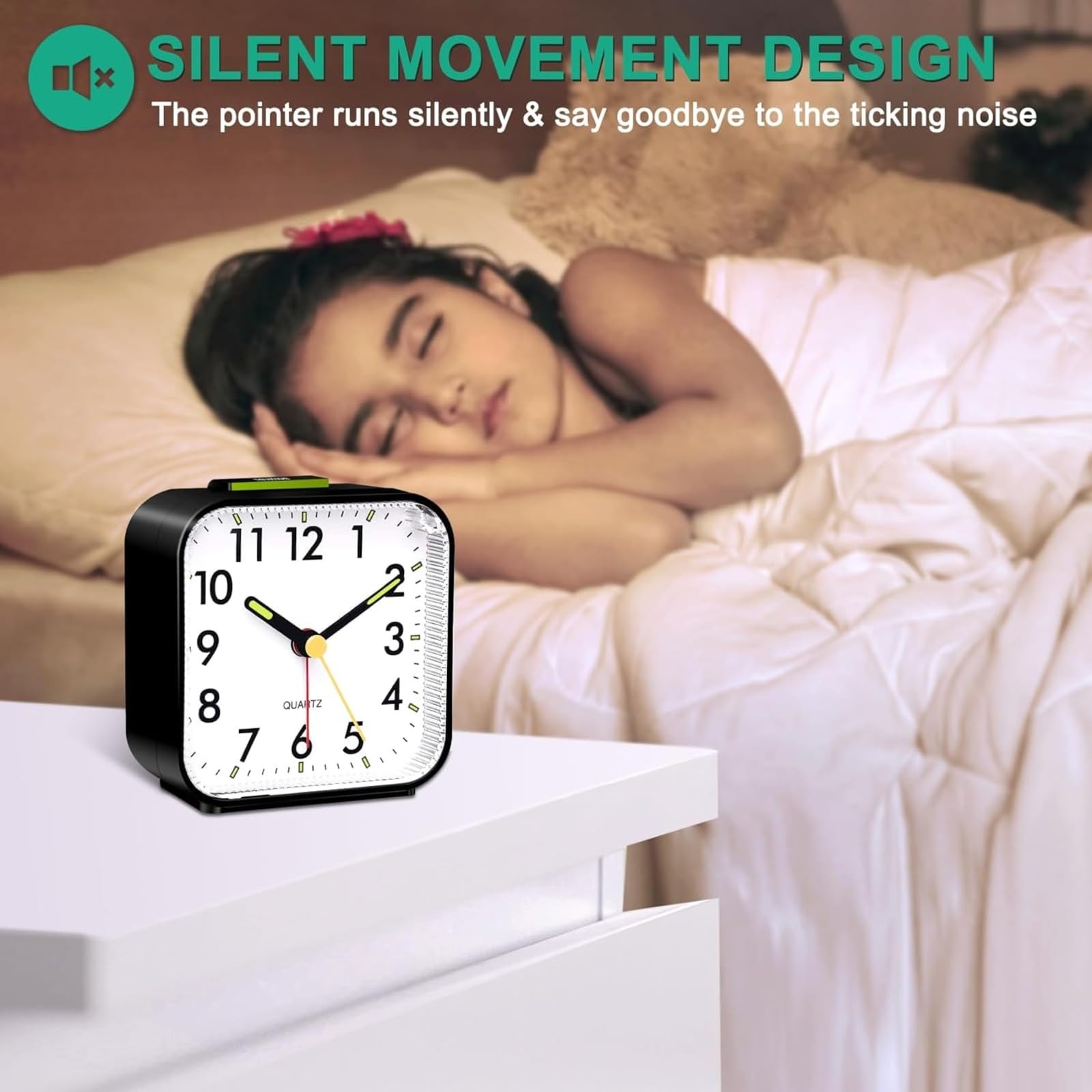 Reloj despertador analógico silencioso, funciona con pilas, reloj de noche de cuarzo
