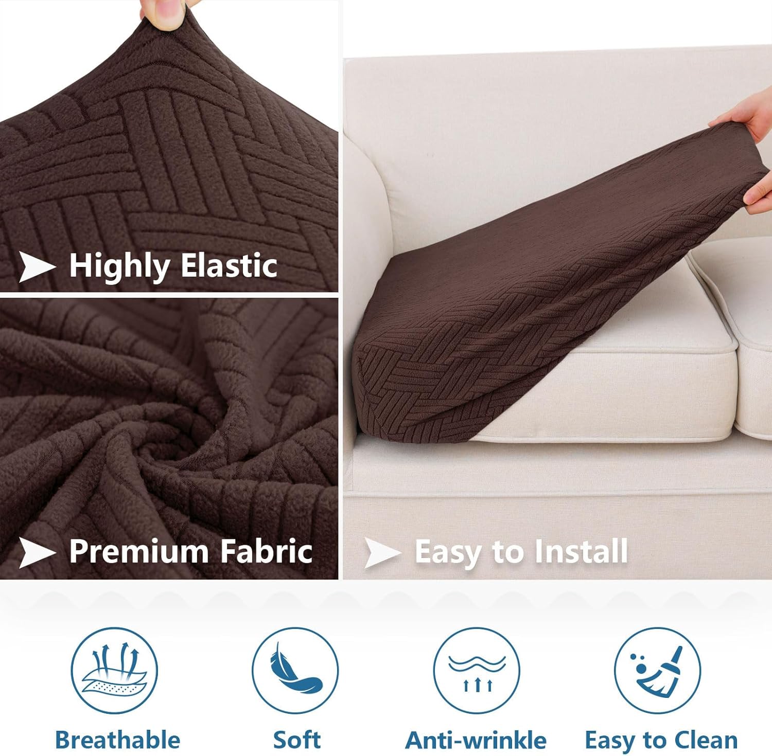 hyha Waterproof Couch Cushion Covers, Stretch Magic Sofa Seat Slipcover, Waterproof Sectional Couch/Sofa Cushion Covers for Pets Washable with Elastic Bottom(Large, Chocolate)
