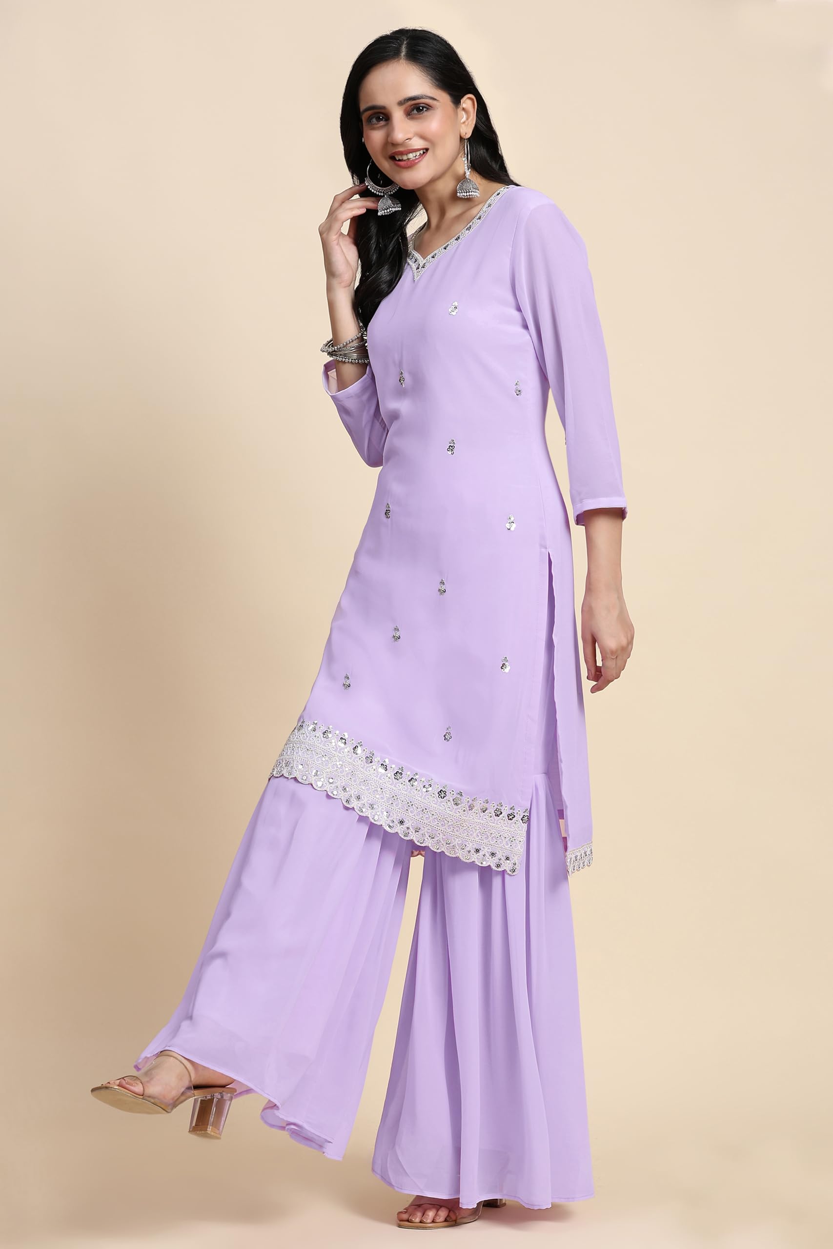 TRENDMALLS Damen Georgette Stickerei Arbeit Kurta Sharara Set mit Dupatta Kurta Set für Frauen