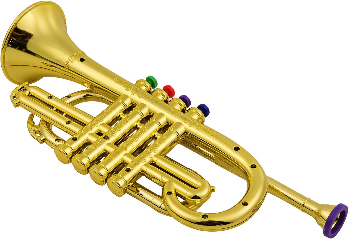 Plastic Trumpet, ABS Body with Metallic Gold Finish, 4 Color Coded Valve Buttons, Lightweight Portable Wind Instrument for Beginner Technique Drills, Pep Band and Party Use StageProp, 1 Pack