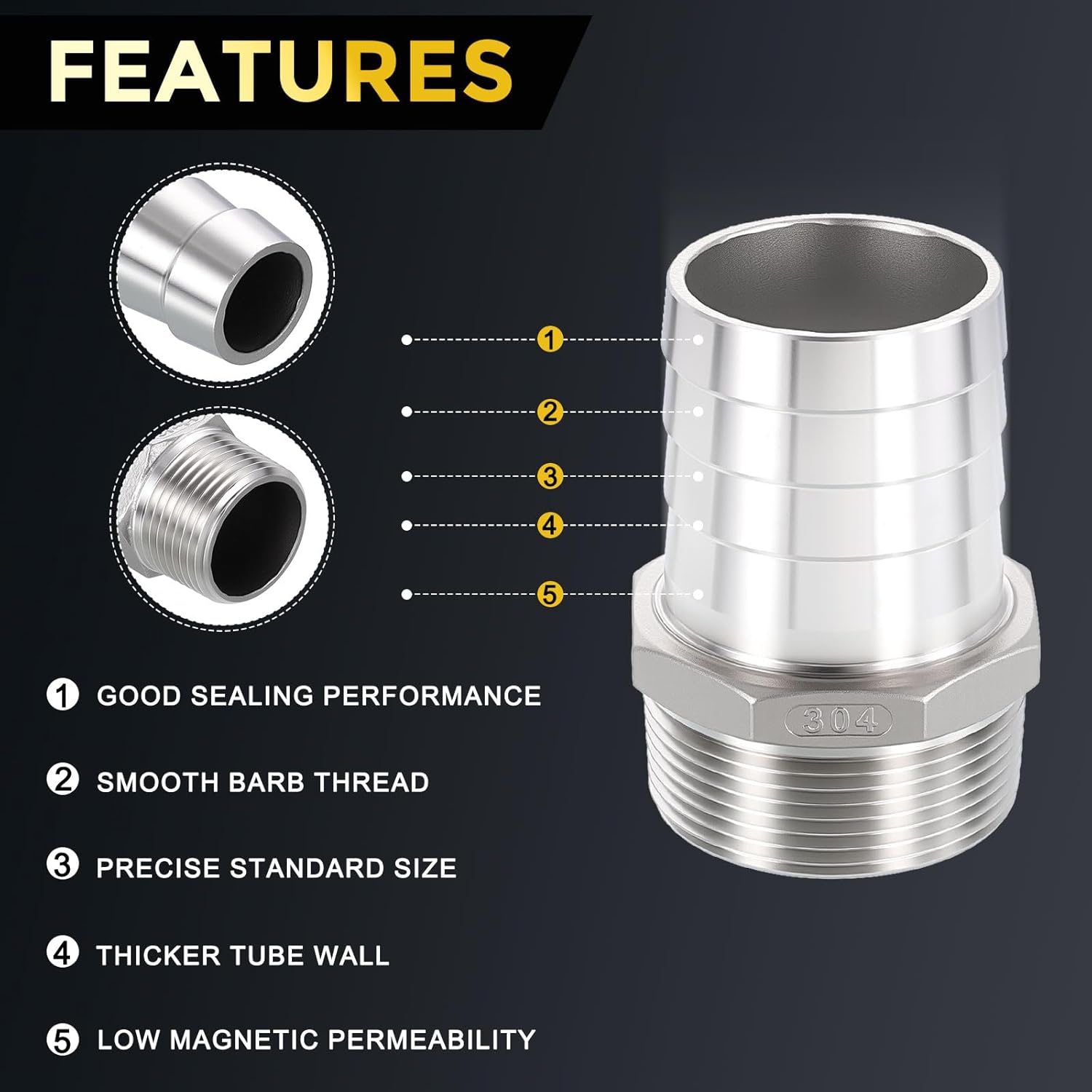 METALLIXITY 2Pcs Stainless Steel Hose Barb to NPT Male Adapter 2 1/2" Barb x 2 1/2" NPT Male for Automotive, Motorcycle, Marine, Truck, RV Fuel Systems
