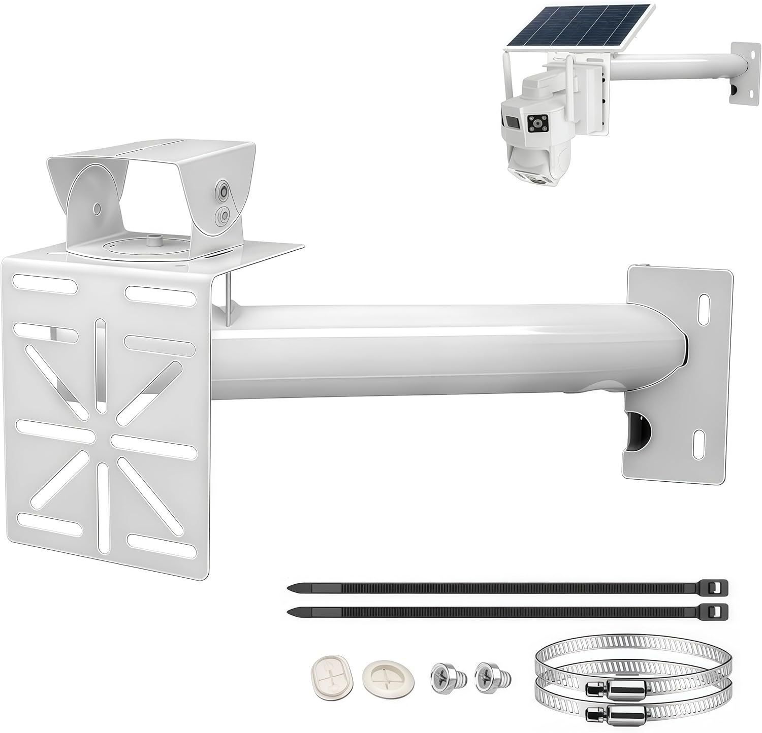 11.8" Security Camera Pole Mount, Heavy-Duty Pipe Bracket with L Adapter Plate, Solar Panel Compatible, Universal Fit for Bullet/Dome Cameras,with Clamps & Zip Ties