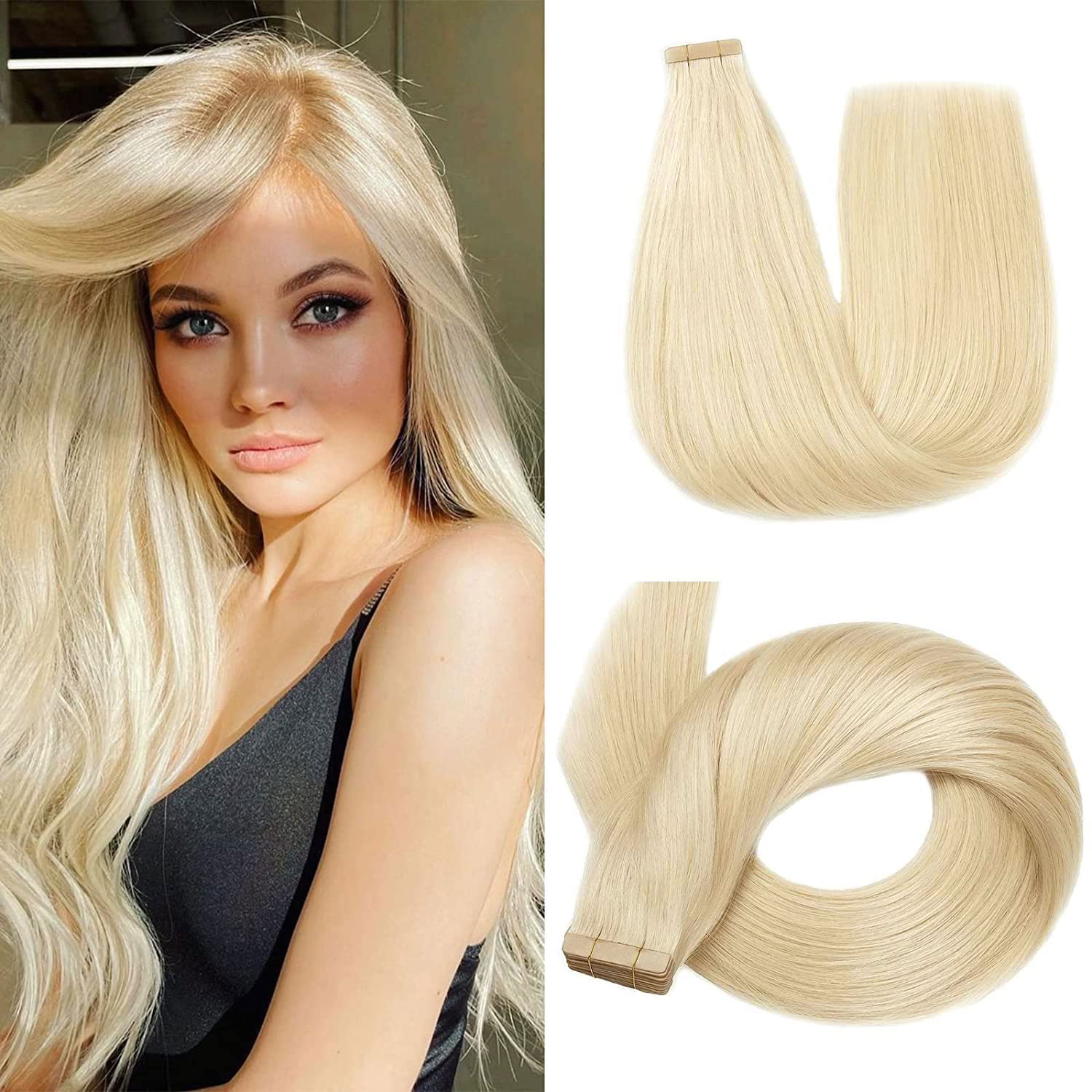 Hotlulana Extension Capelli Veri Biadesivo Biondo Platino(#60) Extension Capelli Veri 20Pollici 20pcs 50cm 50g Invisible Extension Biadesive Capelli Veri Remy Skin Weft Tape in Hair Extensions.