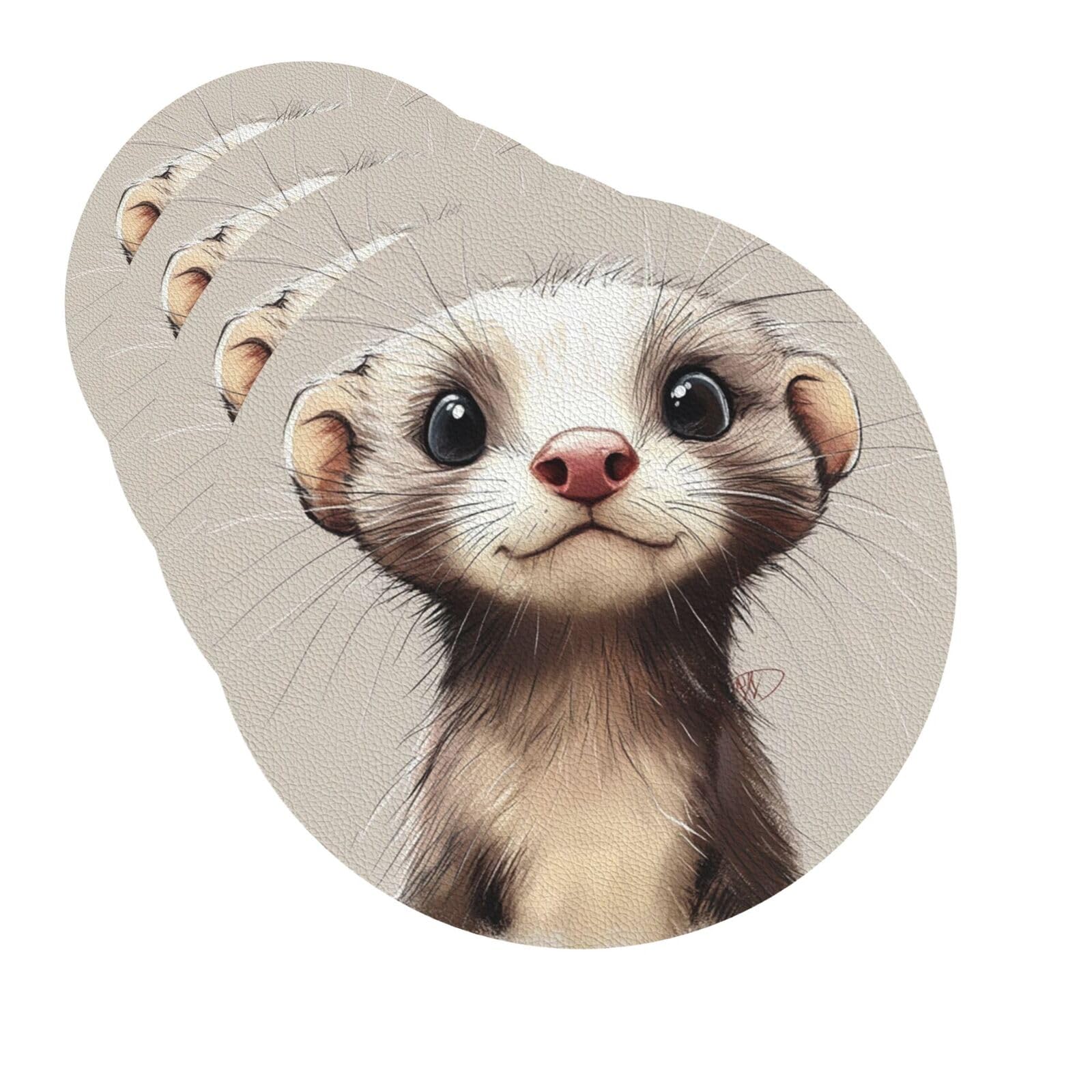 Drink Coasters Set of 4 Quick-Dry Leather Coaster Hairy Ferret Coasters for Drinks Coffee Cup Mat Tabletop Protection Heat Resistant Coaster for Kitchen Bar Office Home Decor