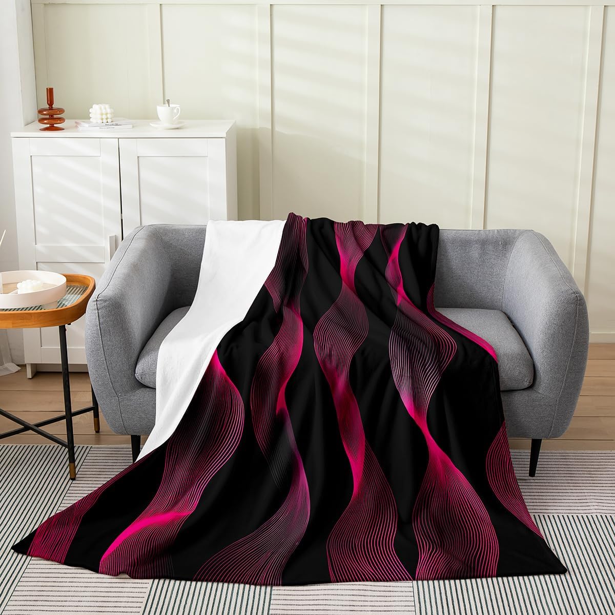 Ombre Striped Blanket Twin Size, Modern Black Grey Geometric Throw Blanket for Home Bed Sofa Couch, Gradient Lines Flannel Blanket, Abstract Curve Fleece Blanket, Soft Cozy All Season