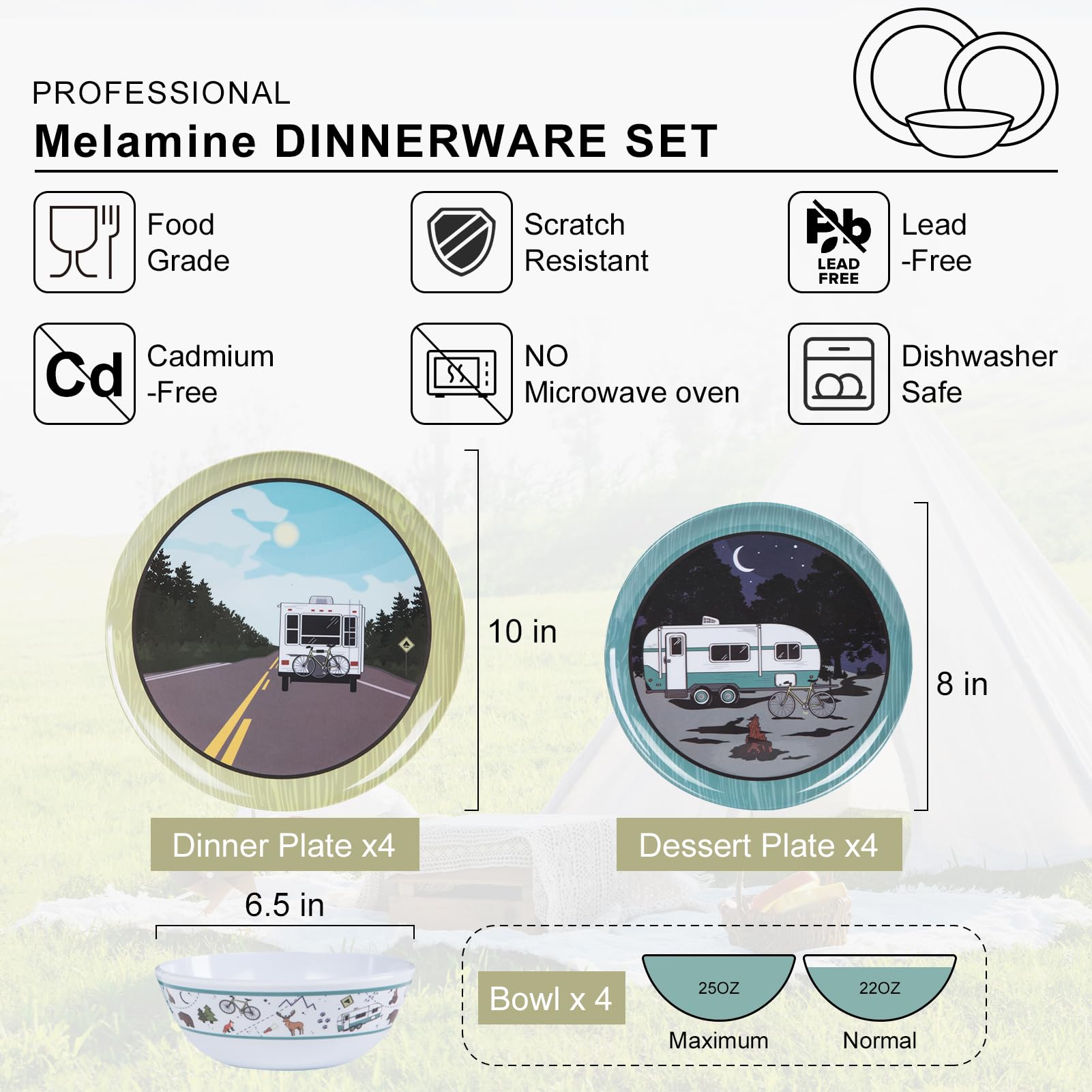 Molidiki Melamine Plates and Bowls Sets,12pcs Melamine Dinnerware Sets, Unbreakable Dinnerware Set,RV Camping Dishes Set,Lightweight, Dishwasher Safe,Bpa Free