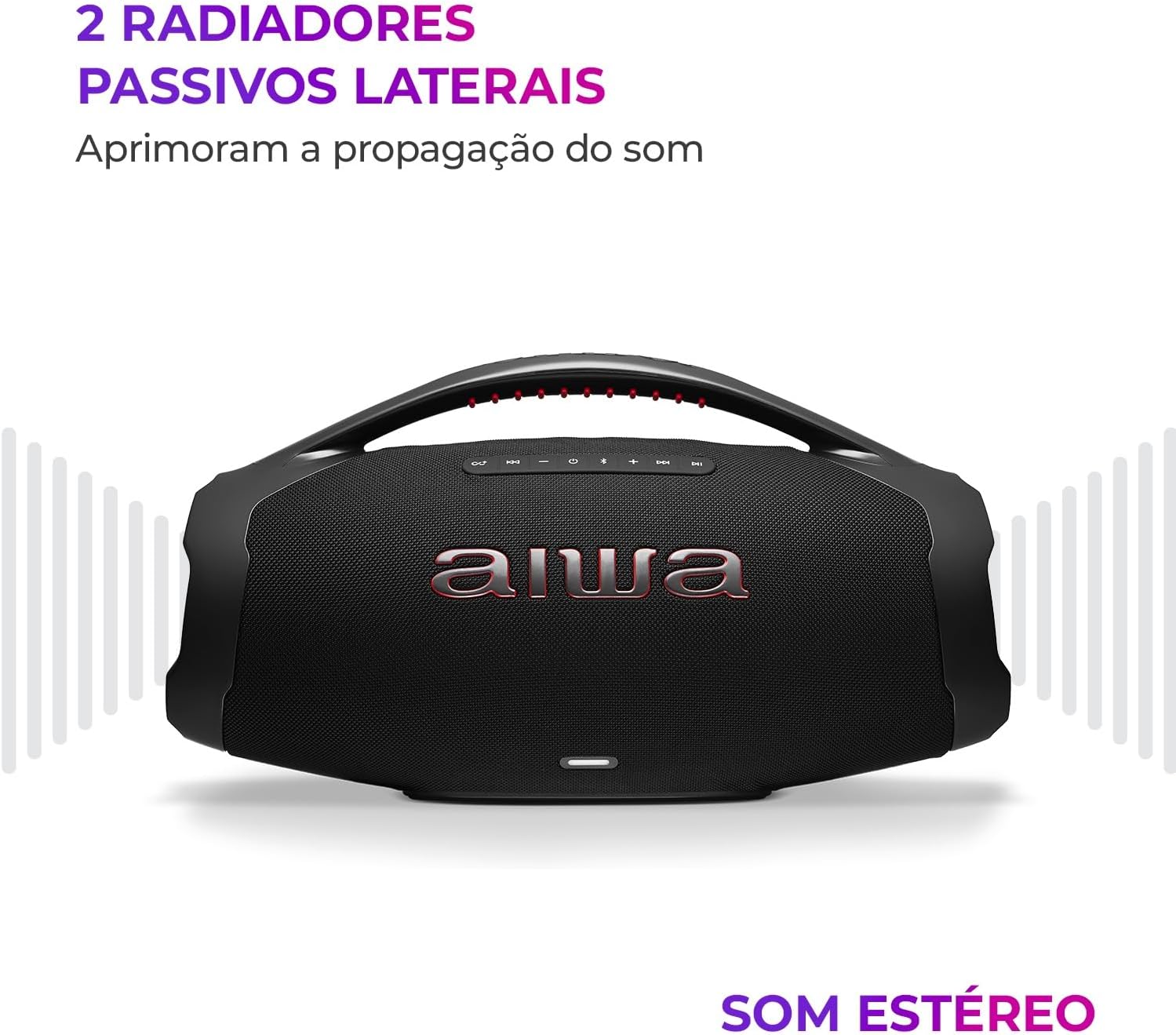 Caixa de Som Boombox Plus AIWA BBS-01-B 200W Bluetooth 5.3-200W RMS - 30 Horas de Bateria - Resistente à Poeira e Água - Preto