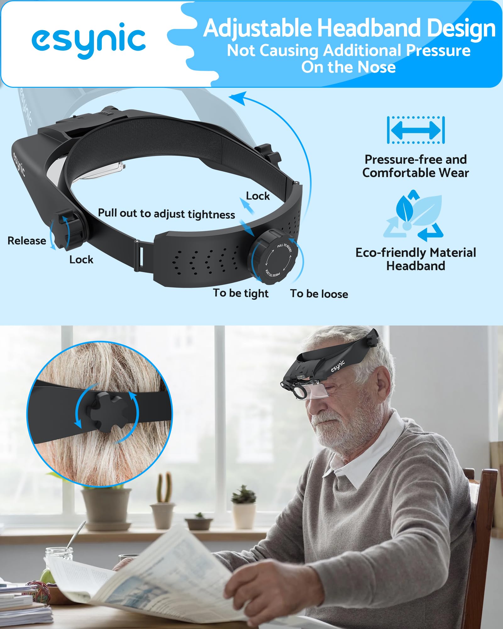 eSynic 13X Main Loupe Closer with Light 2 LED, Adjustable Brightness, Type-C Rechargeable Magnifier with Headband, 5 Lenses 1.5-3.5X 8X, for Reading