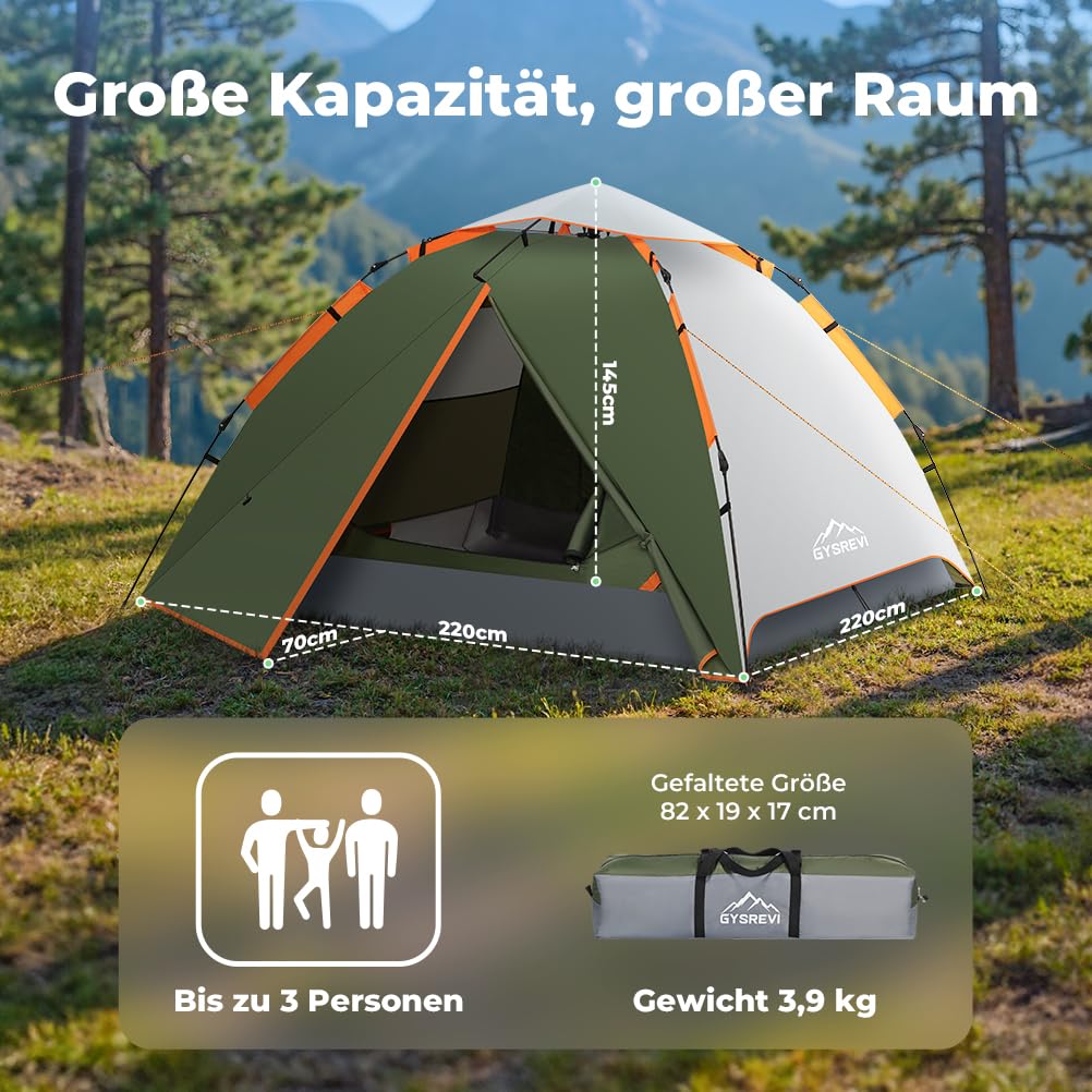 Camping Zelt Automatisches 3 Personen Instant Zelt Pop Up Zelt 4 Jahreszeiten Winddicht Wasserdicht Kuppelzelt mit 2 Mesh-Tür, 2 Mesh-Fenster, 2 in 1 Doppelschichten, Tragetasche für Familie