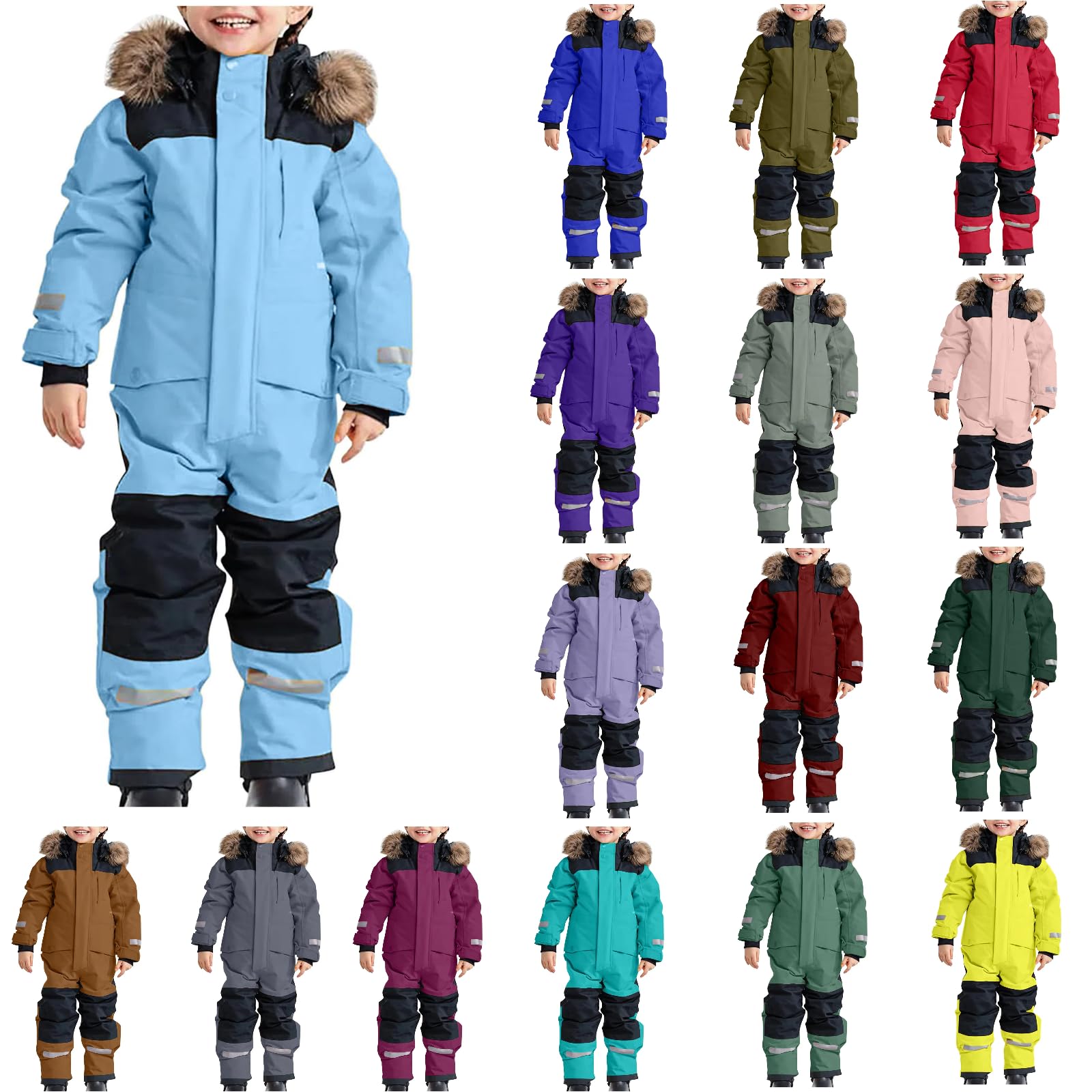 Skioverall Unisex Kinder Winddicht mit Kapuze Schneeanzug Wasserdicht Atmungsaktiv Winteranzug Verdickt Warm Schneeoverall