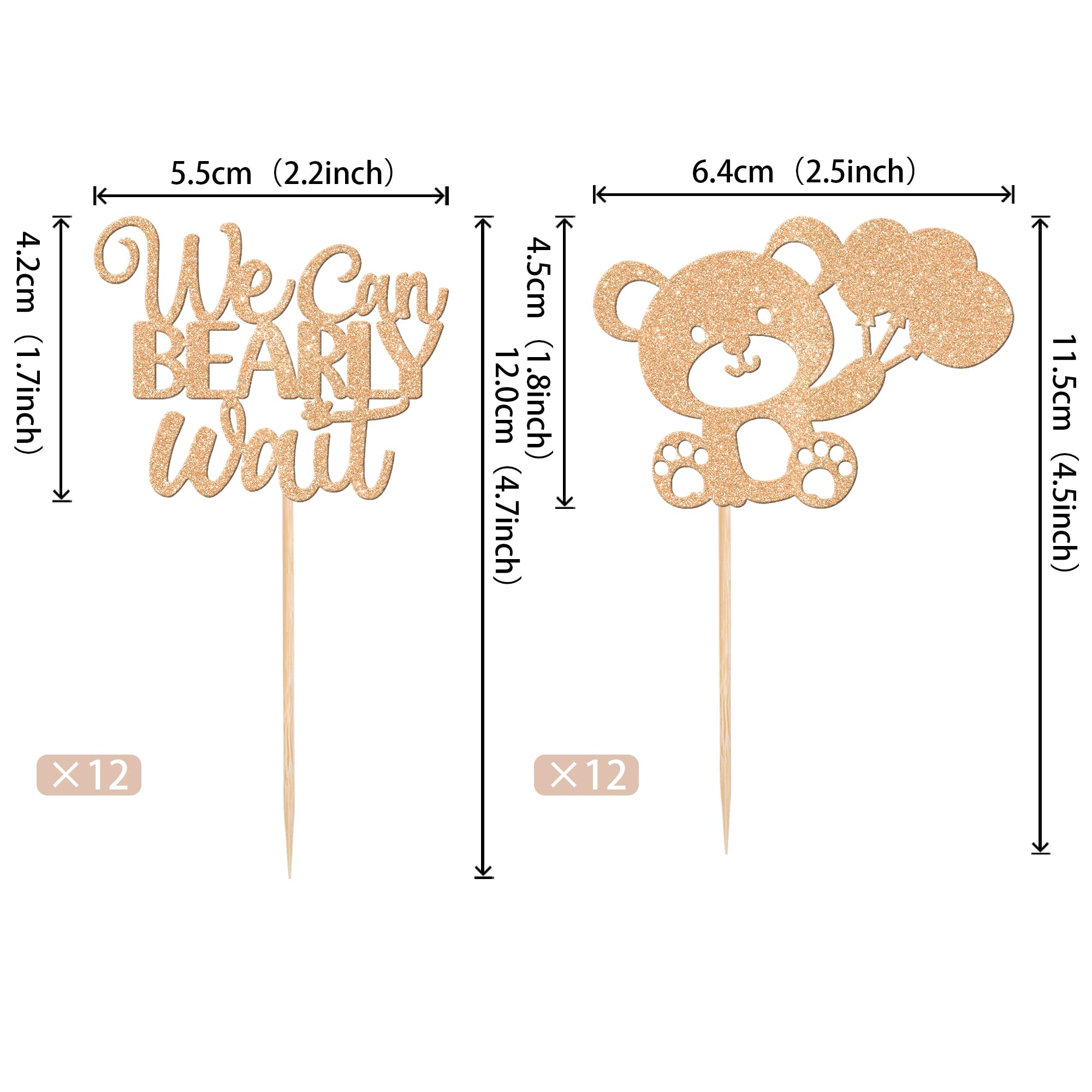 24 PCS We Can Bearly Wait Cupcake Toppers Glitter Balloon Bear Cupcake Picks Baby Shower Cake Decorations for Gender Reveal Theme Baby Shower Kids Birthday Party Supplies Champage Gold