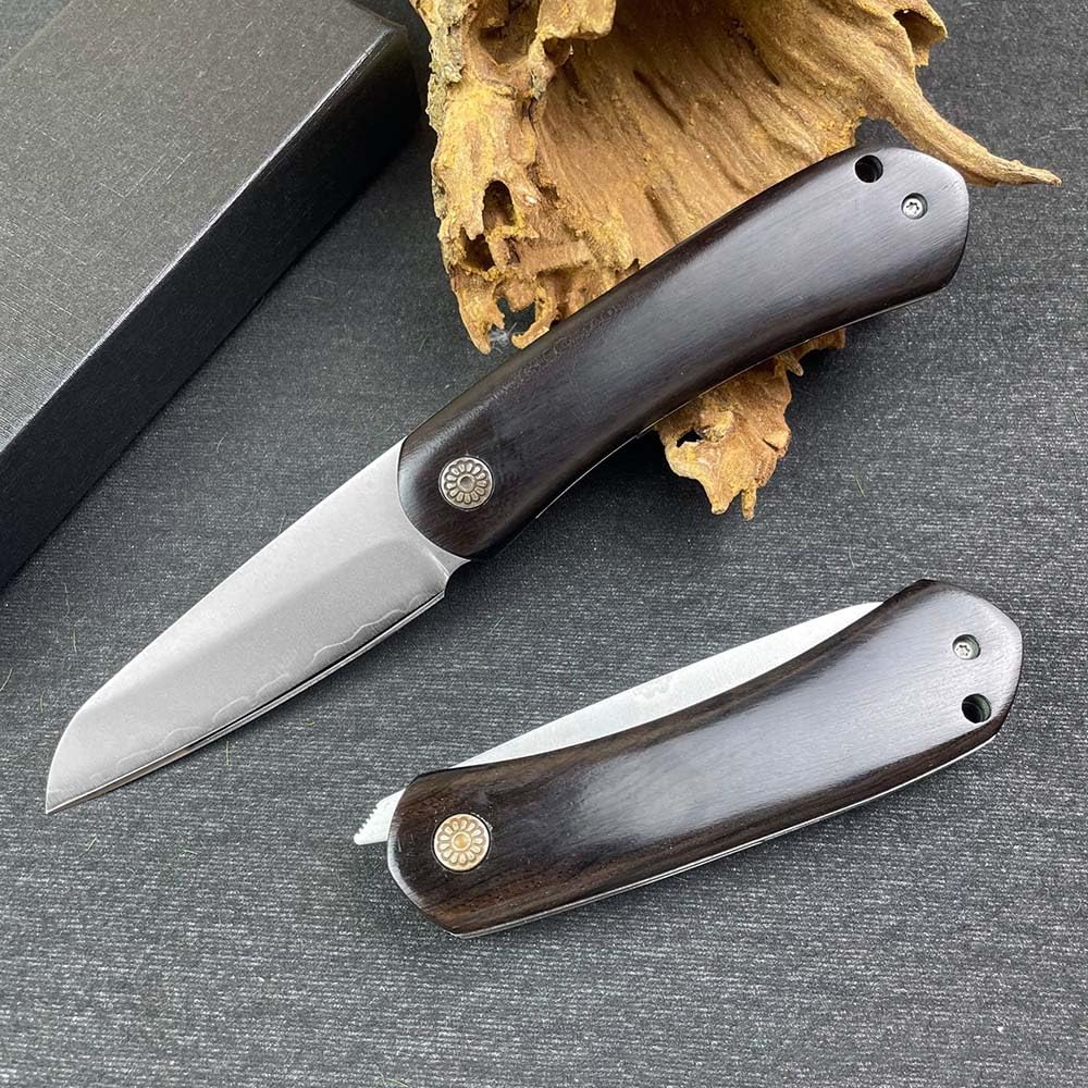 Klappmesser 7.3" Scharf Robust Taschenmesser aus Edelstahl Ebenholz, Dreilagiger stahl messer, Outdoor Edc Messer Survival Jagdmesser, tragbare camping messer, klein einhandmesser tanto mit holzgriff